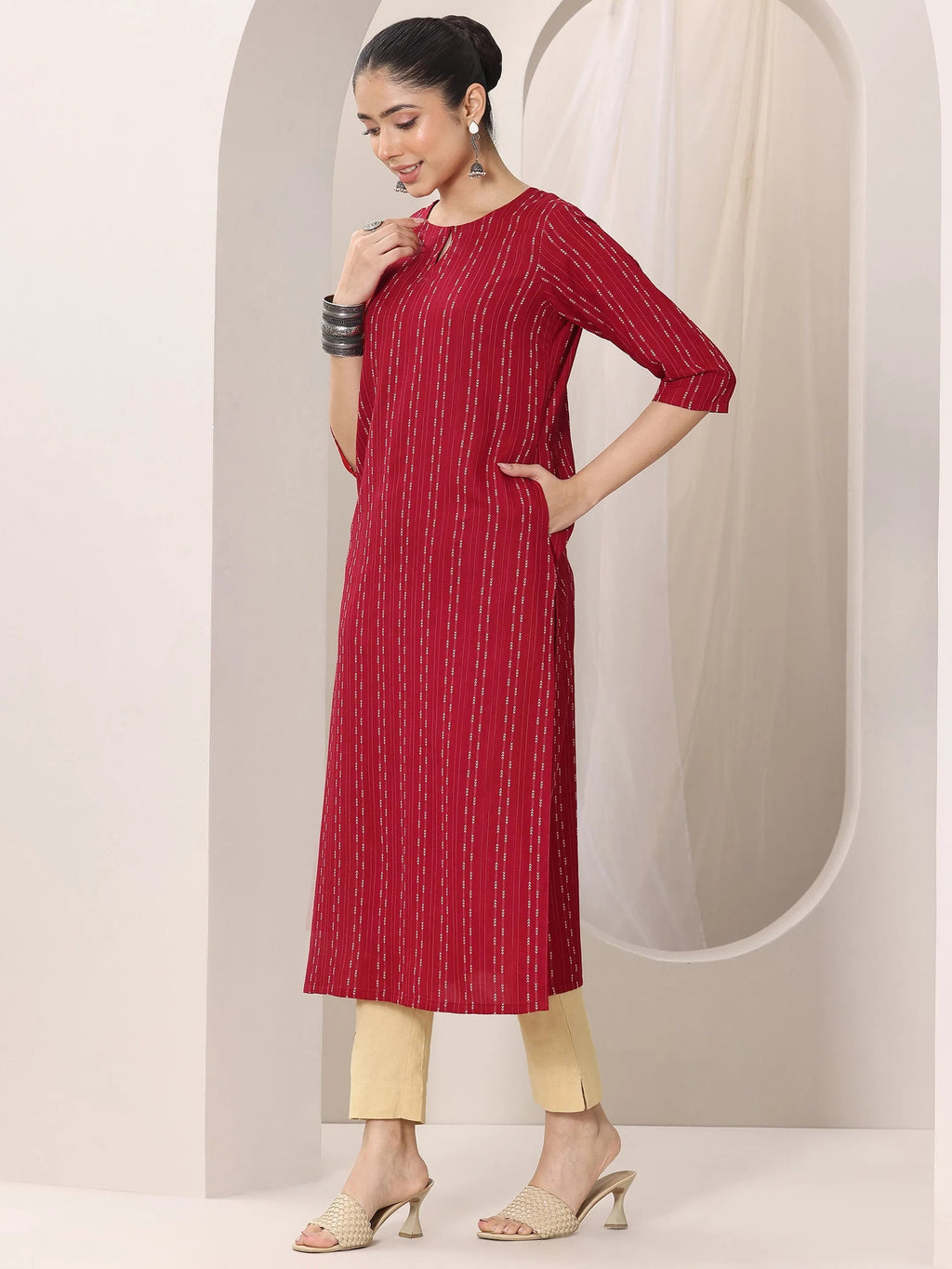 Libas Red Woven Design Rayon Straight Kurta