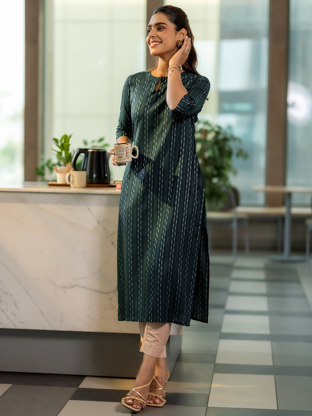 Libas Green Woven Design Rayon Straight Kurta