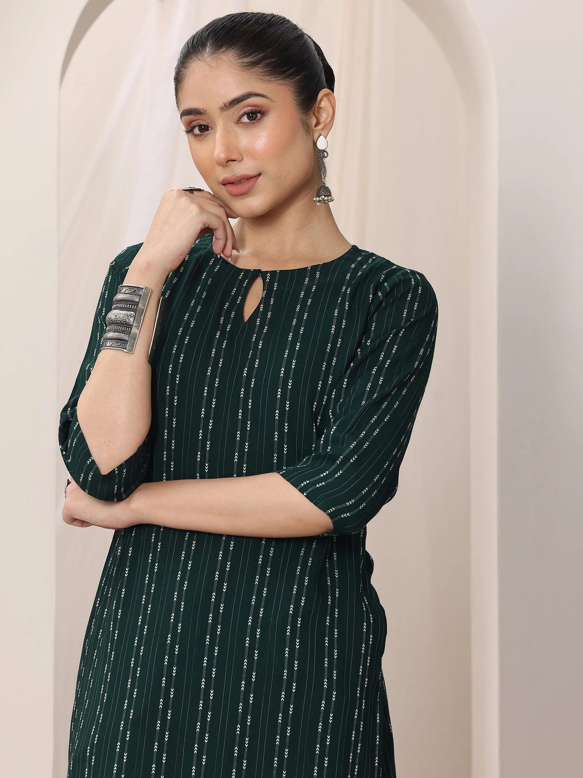 Libas Green Woven Design Rayon Straight Kurta