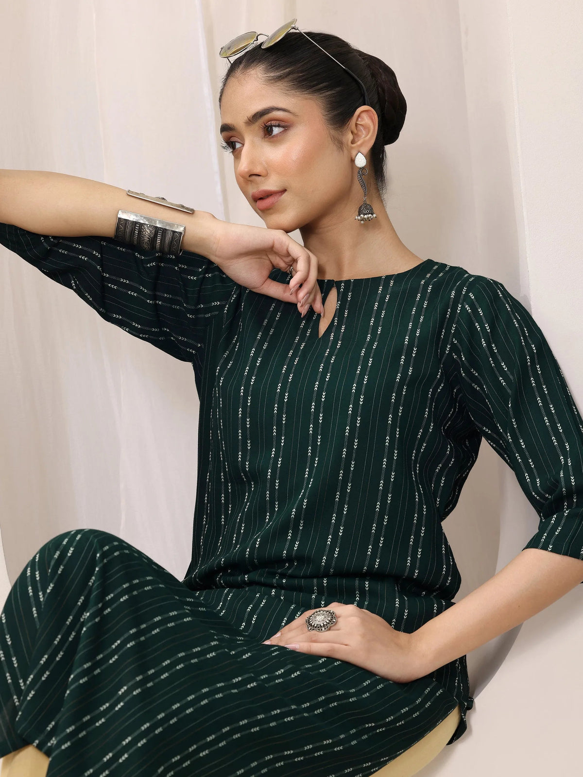 Libas Green Woven Design Rayon Straight Kurta