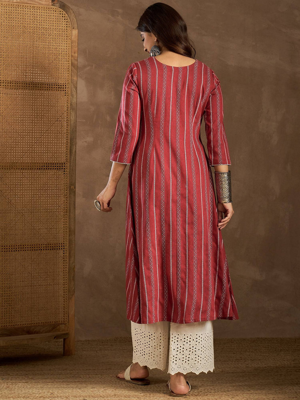Women Maroon Cotton Stripes A-Line Kurta | U3S - view 2