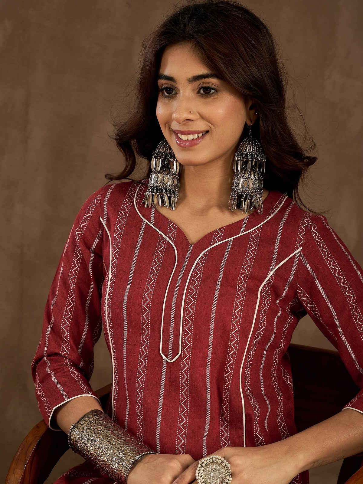 Women Maroon Cotton Stripes A-Line Kurta | U3S - view 4