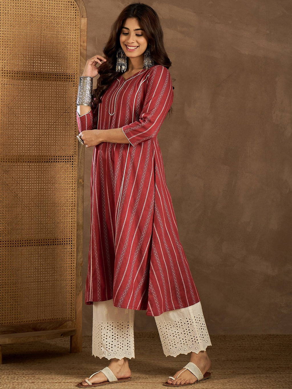 Women Maroon Cotton Stripes A-Line Kurta | U3S - view 5