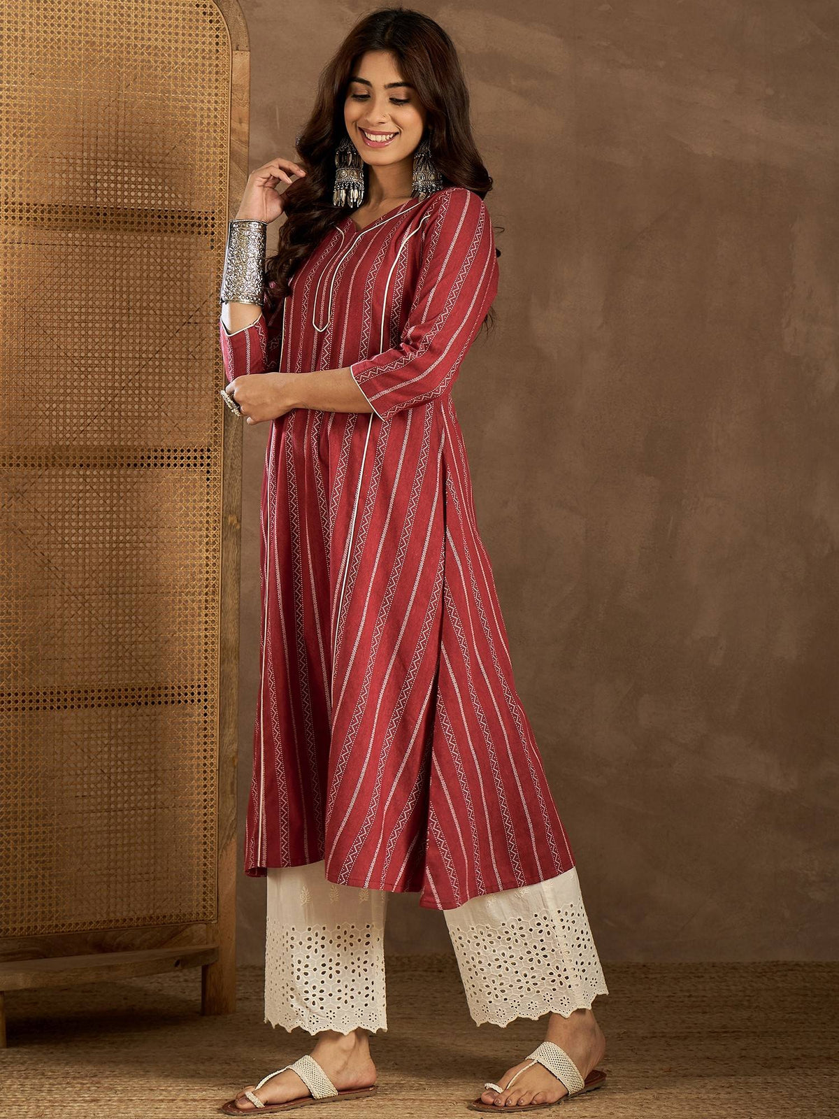 Women Maroon Cotton Stripes A-Line Kurta | U3S - view 5