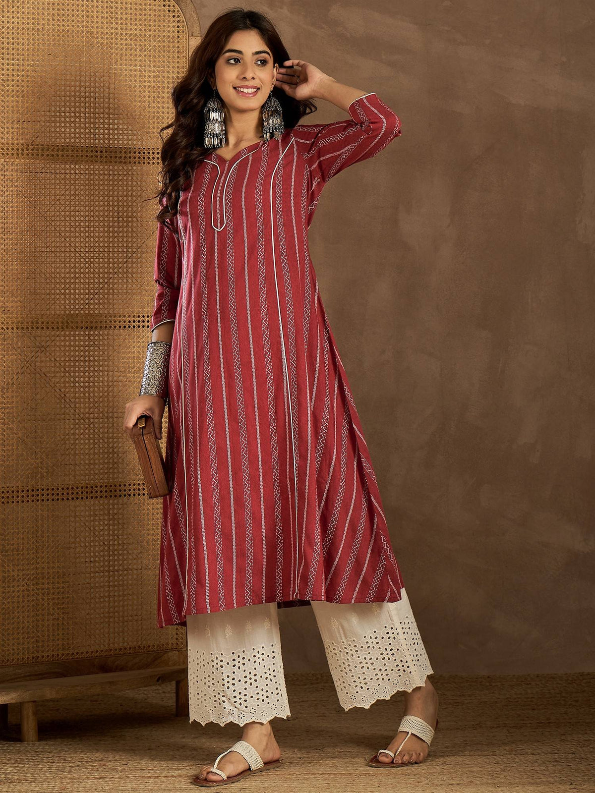 Women Maroon Cotton Stripes A-Line Kurta | U3S - view 6