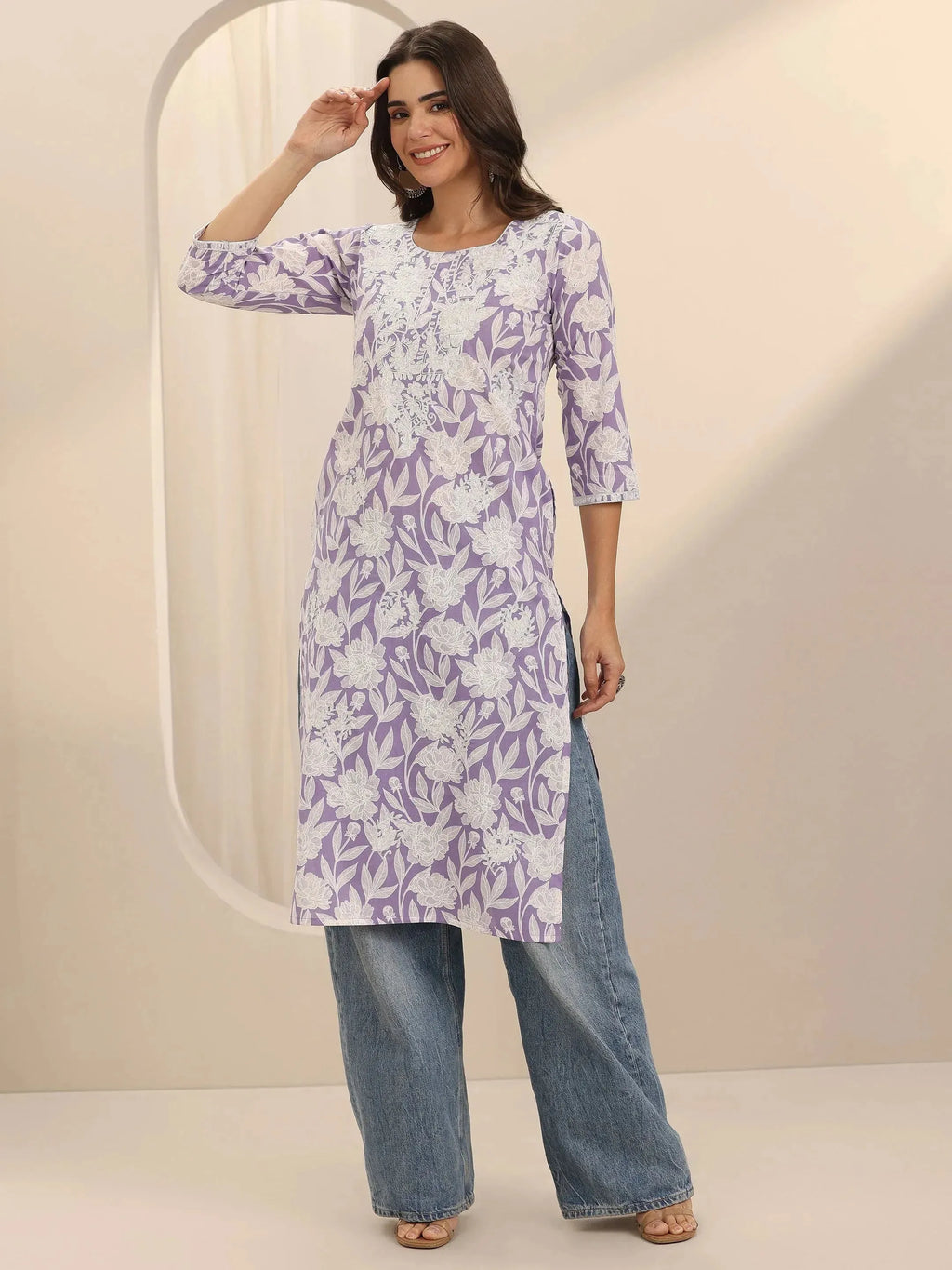Libas Lavender Straight Printed Cotton Kurta
