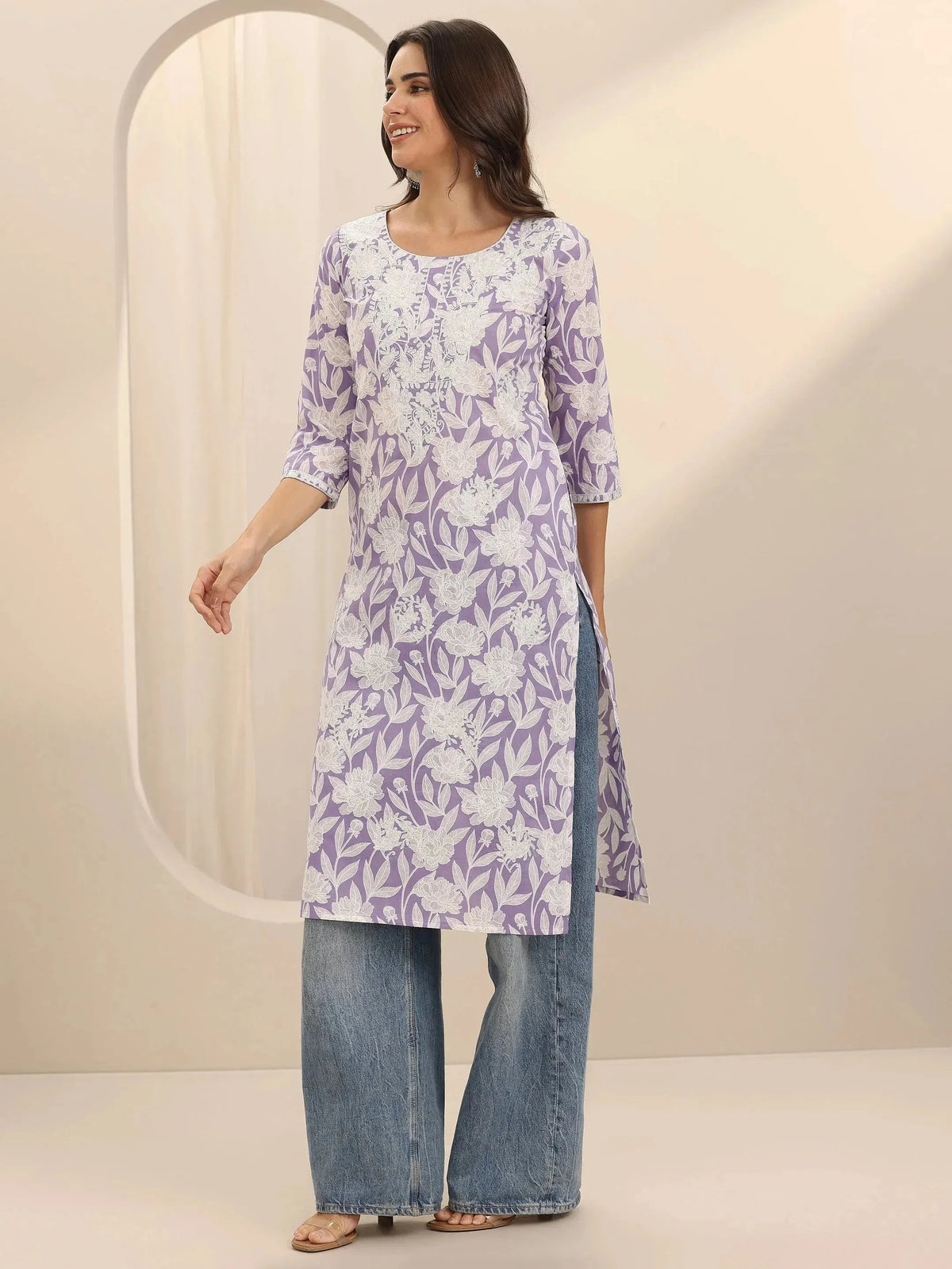 Libas Lavender Straight Printed Cotton Kurta
