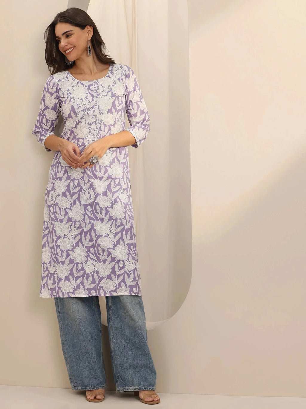 Libas Lavender Straight Printed Cotton Kurta