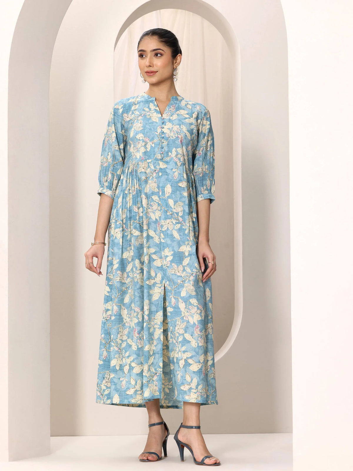 Libas Blue Printed Silk Blend A-Line One Piece Dress