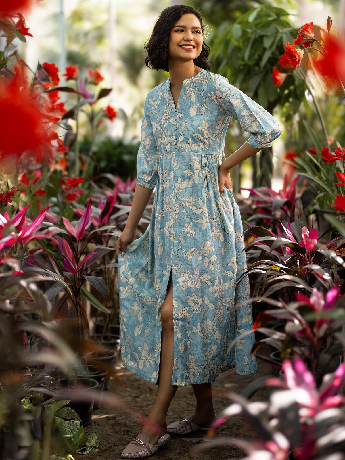 Libas Blue Printed Silk Blend A-Line One Piece Dress