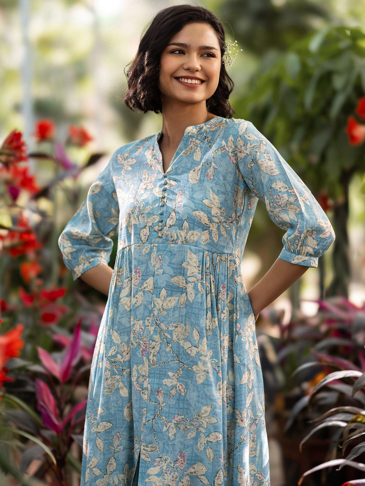 Libas Blue Printed Silk Blend A-Line One Piece Dress