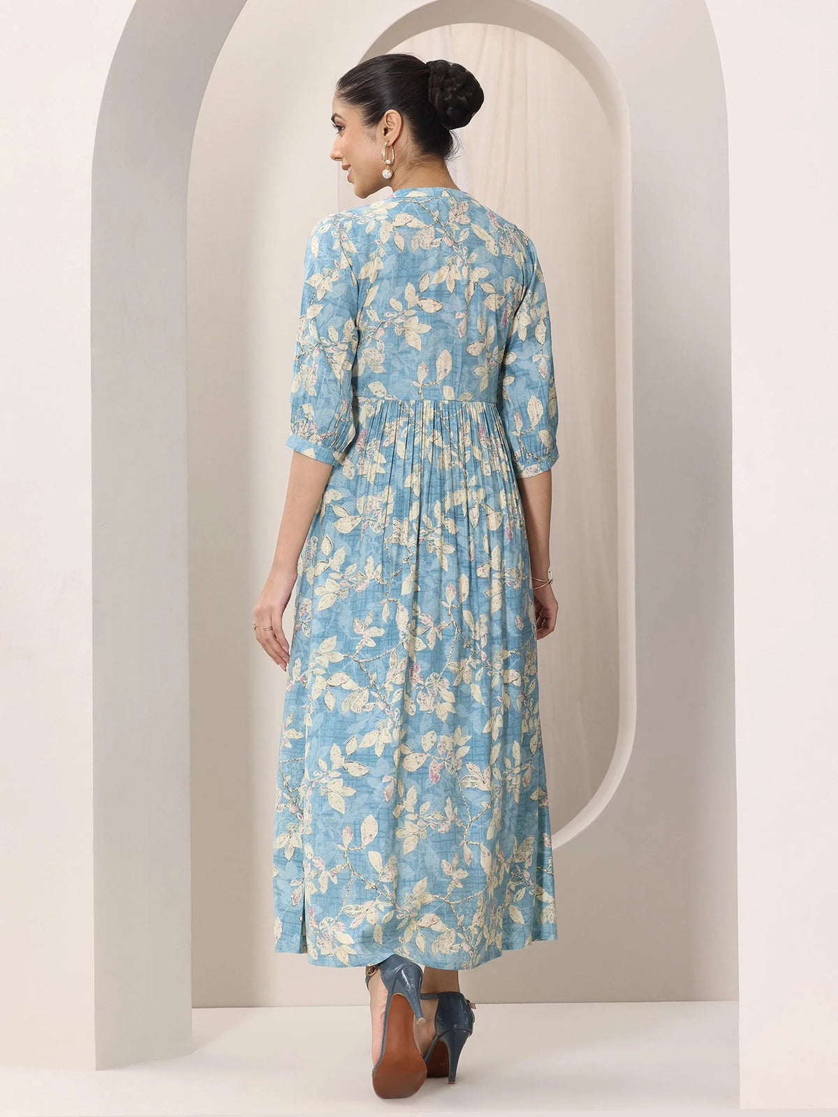 Libas Blue Printed Silk Blend A-Line One Piece Dress