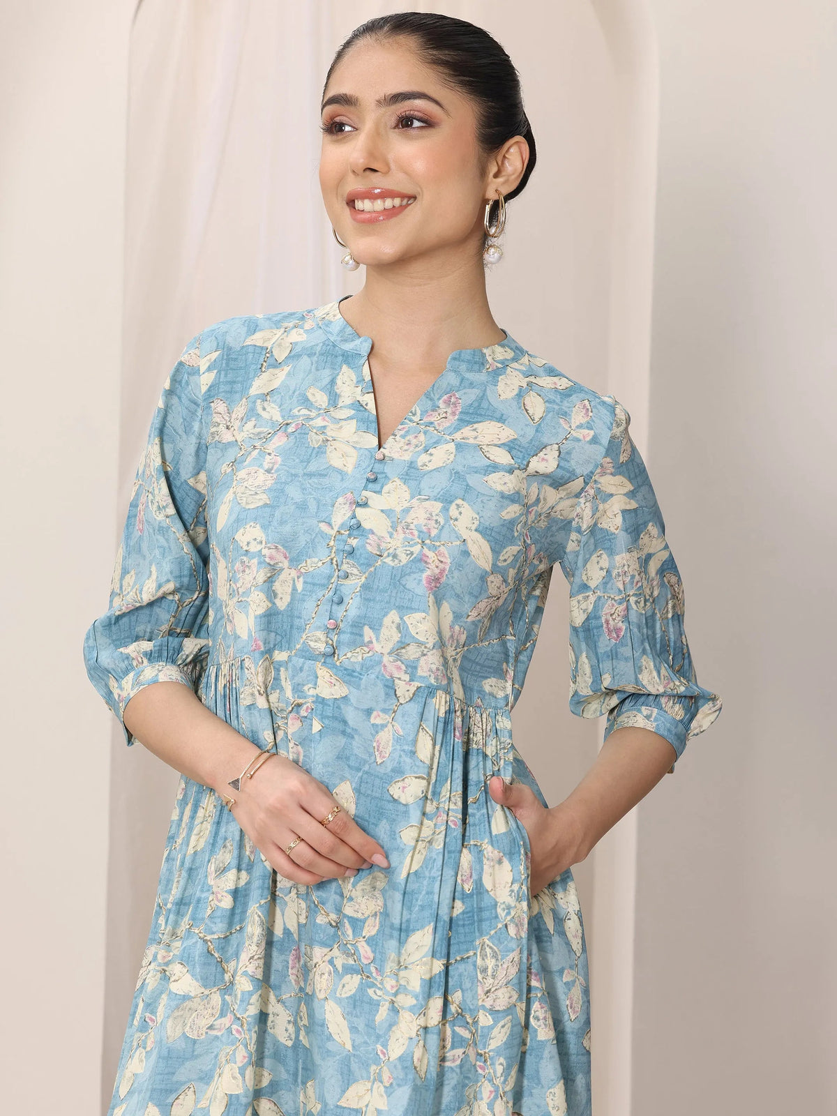 Libas Blue Printed Silk Blend A-Line One Piece Dress