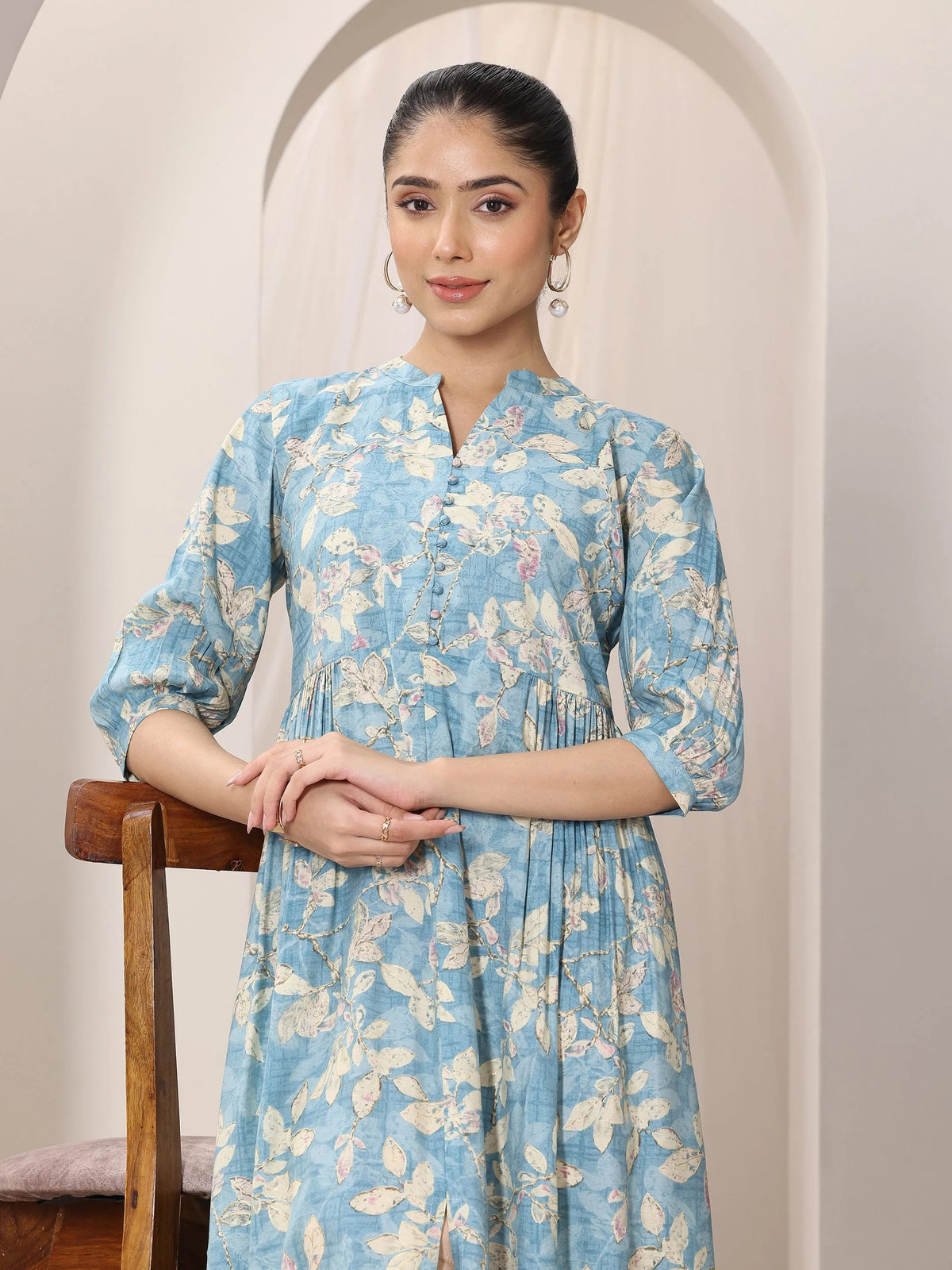 Libas Blue Printed Silk Blend A-Line One Piece Dress