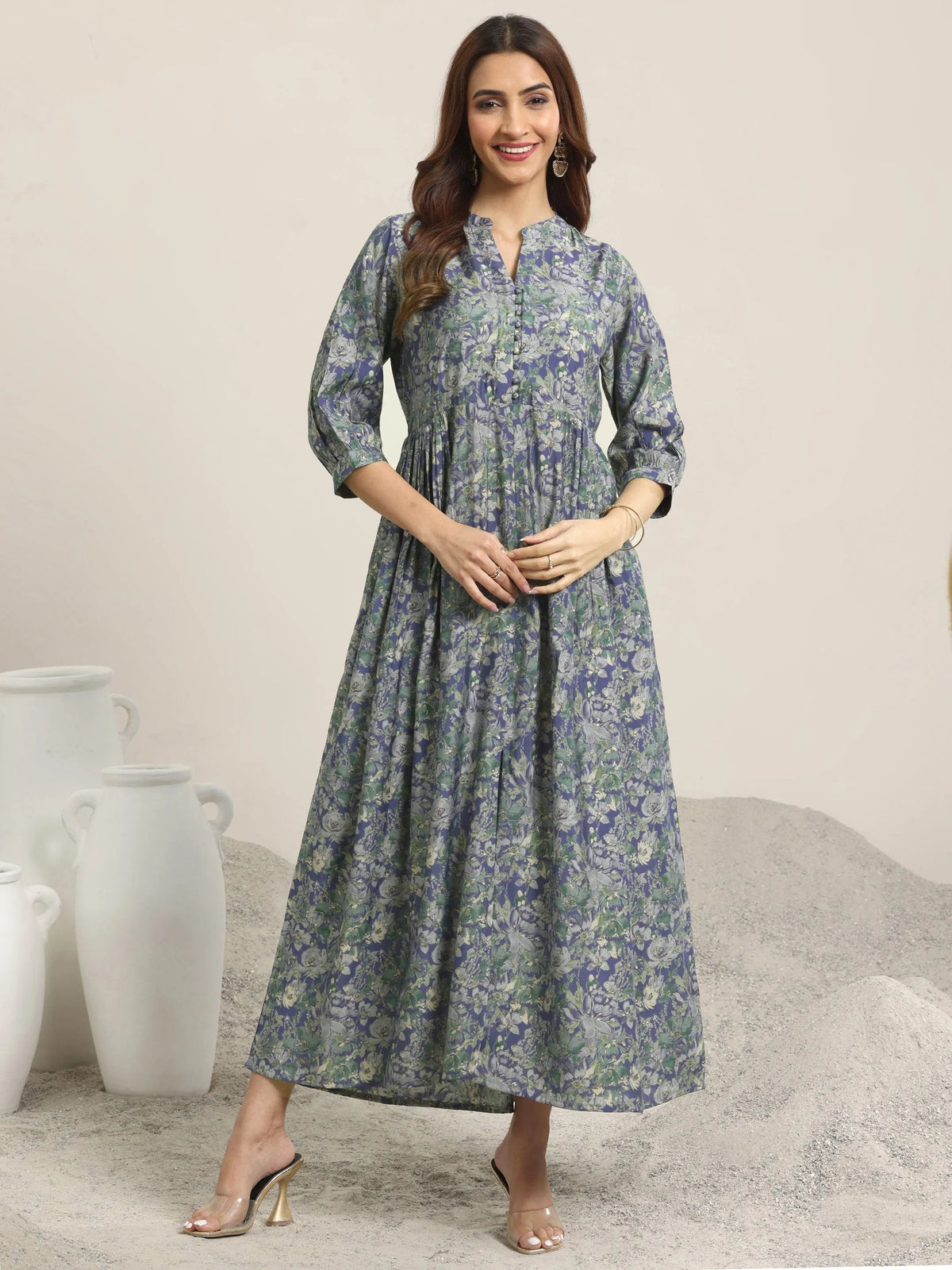 Gerua Blue Printed Silk Blend A-Line One Piece Dress