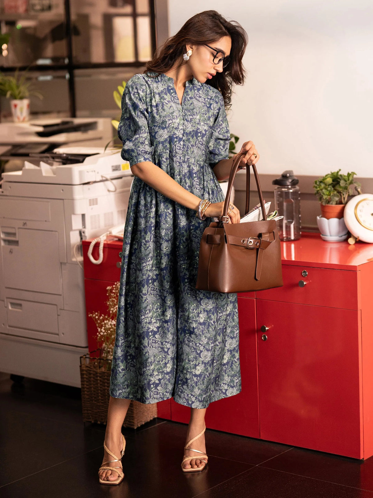 Gerua Blue Printed Silk Blend A-Line One Piece Dress