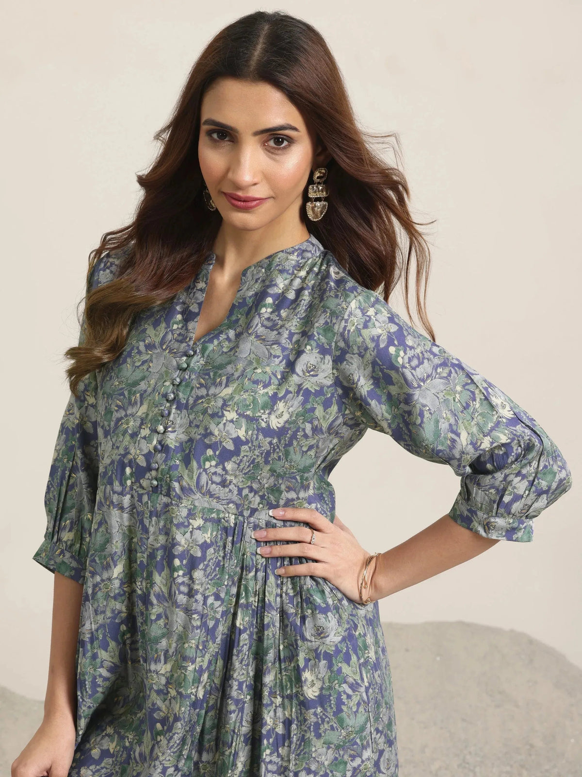 Gerua Blue Printed Silk Blend A-Line One Piece Dress