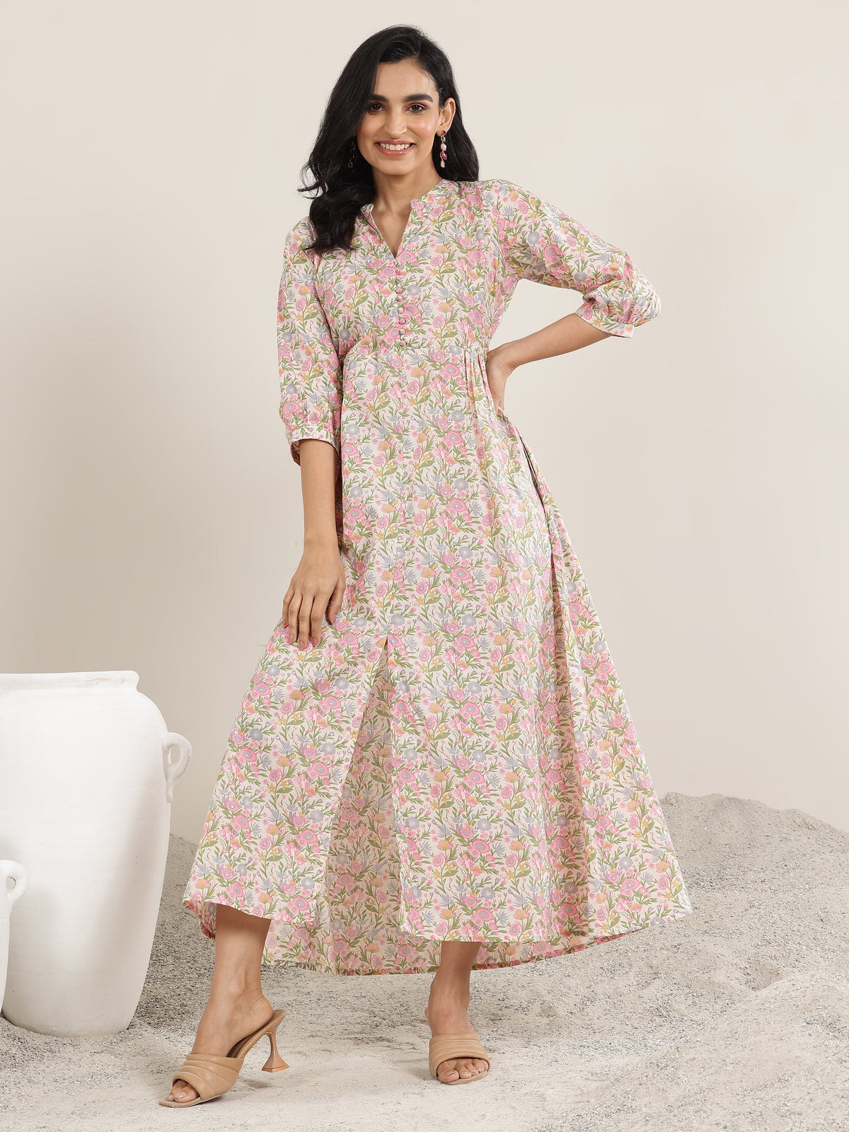 Libas Pink Printed Silk Blend A-Line One Piece Dress