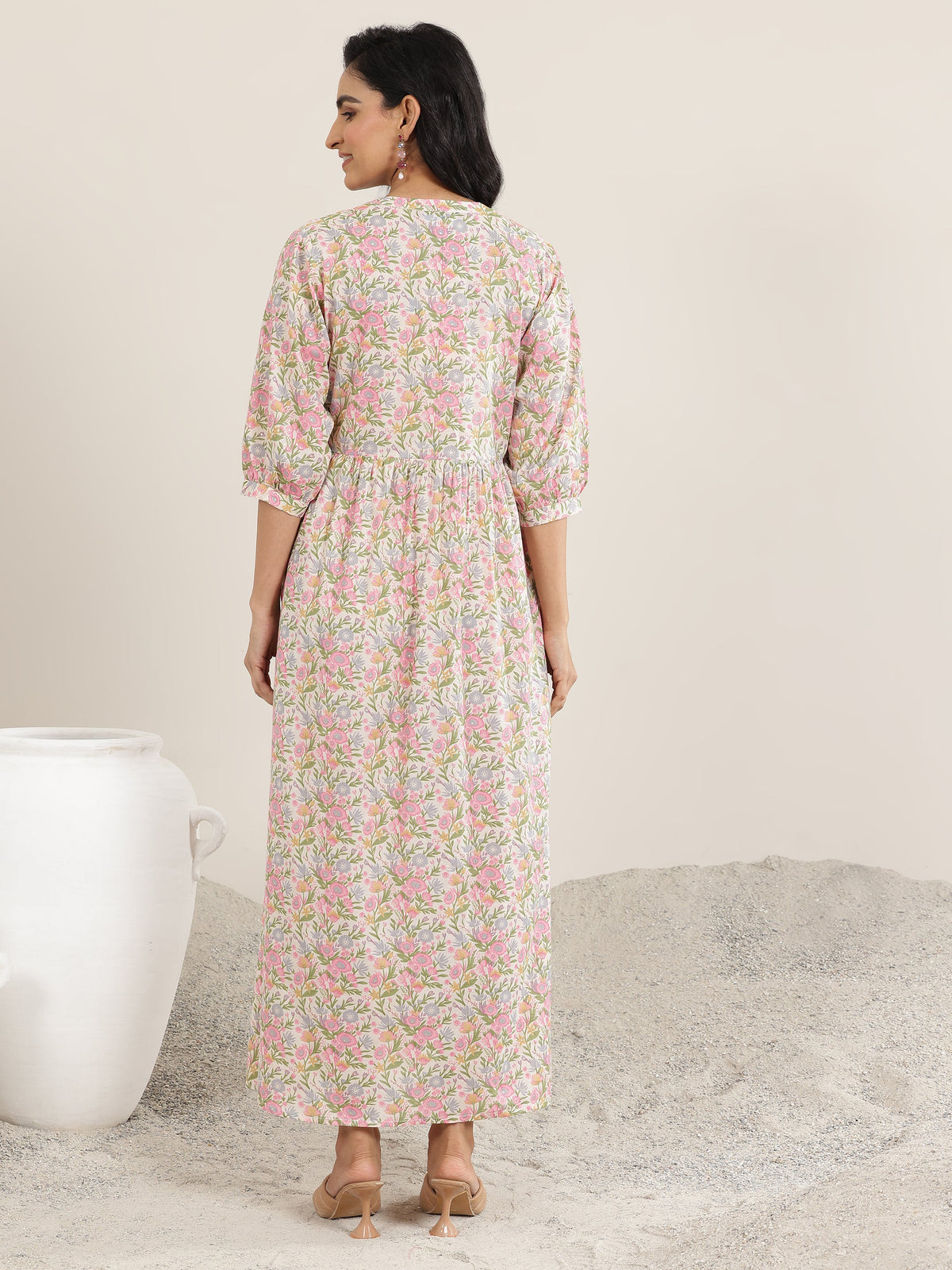 Libas Pink Printed Silk Blend A-Line One Piece Dress