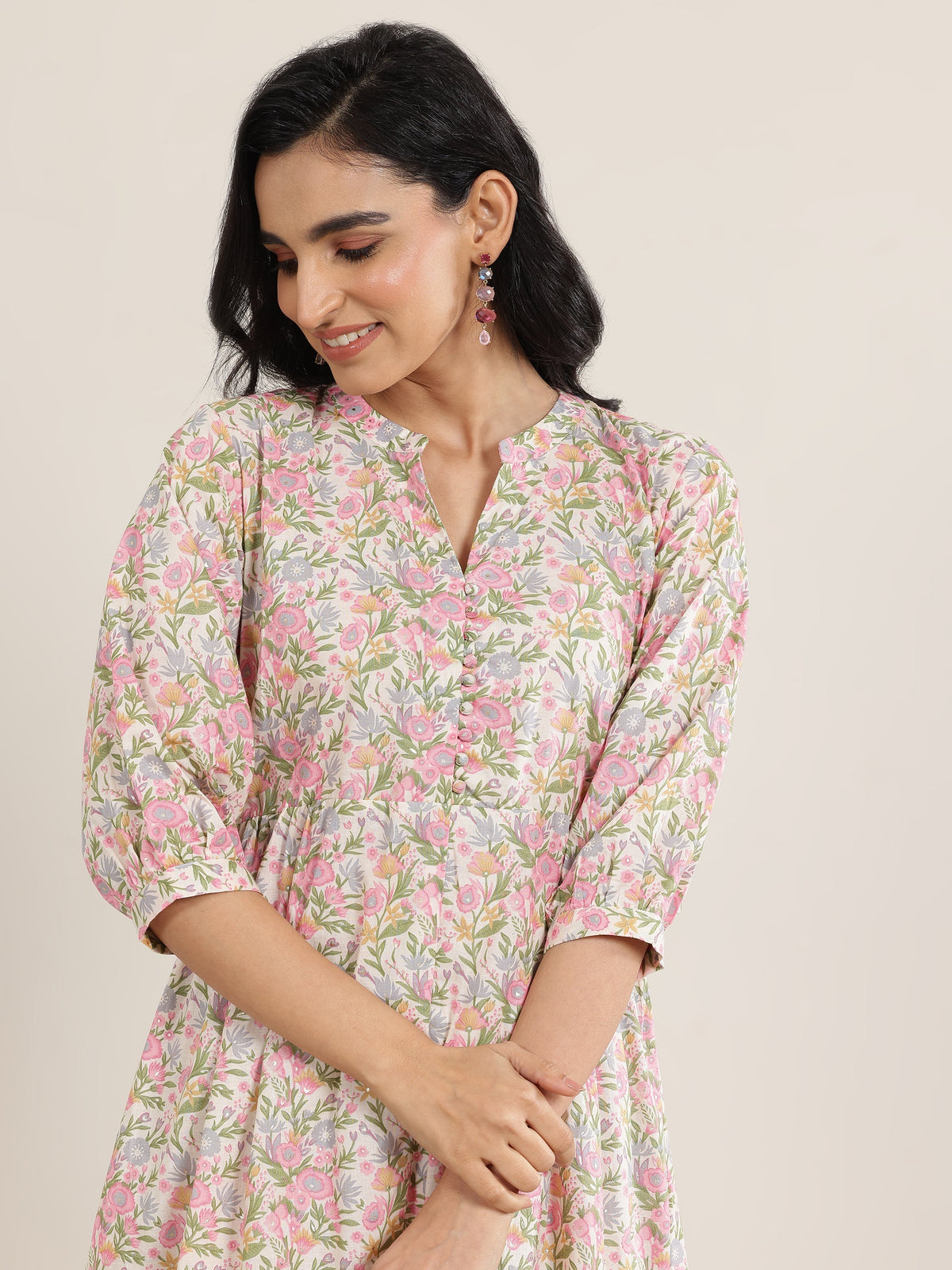 Libas Pink Printed Silk Blend A-Line One Piece Dress