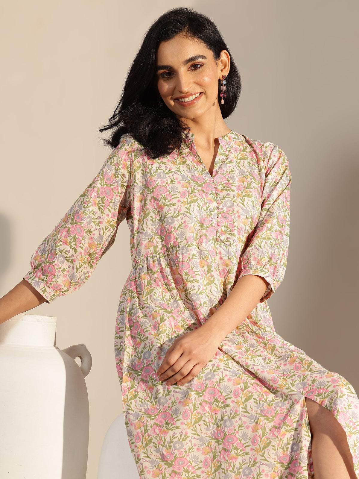 Libas Pink Printed Silk Blend A-Line One Piece Dress