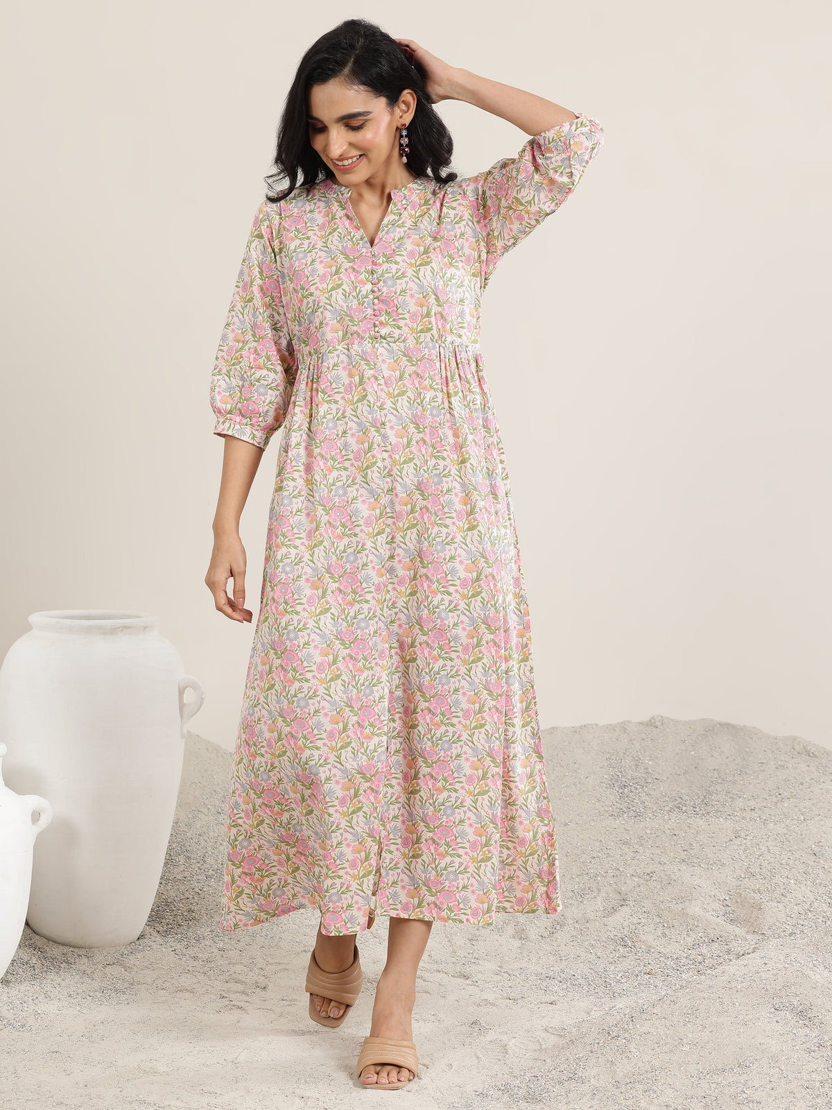 Libas Pink Printed Silk Blend A-Line One Piece Dress