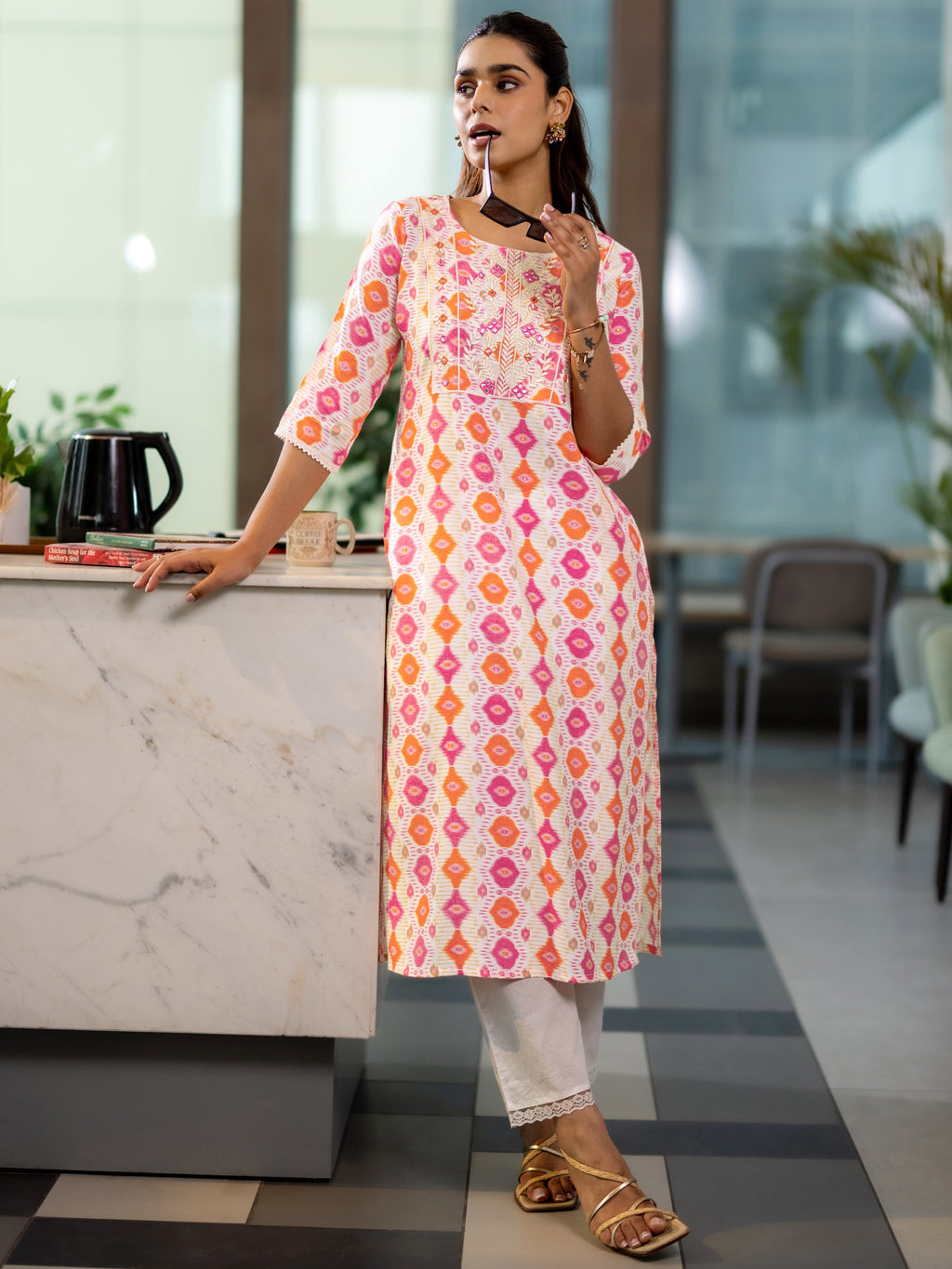 Gerua Orange Printed Silk Blend Straight Kurta