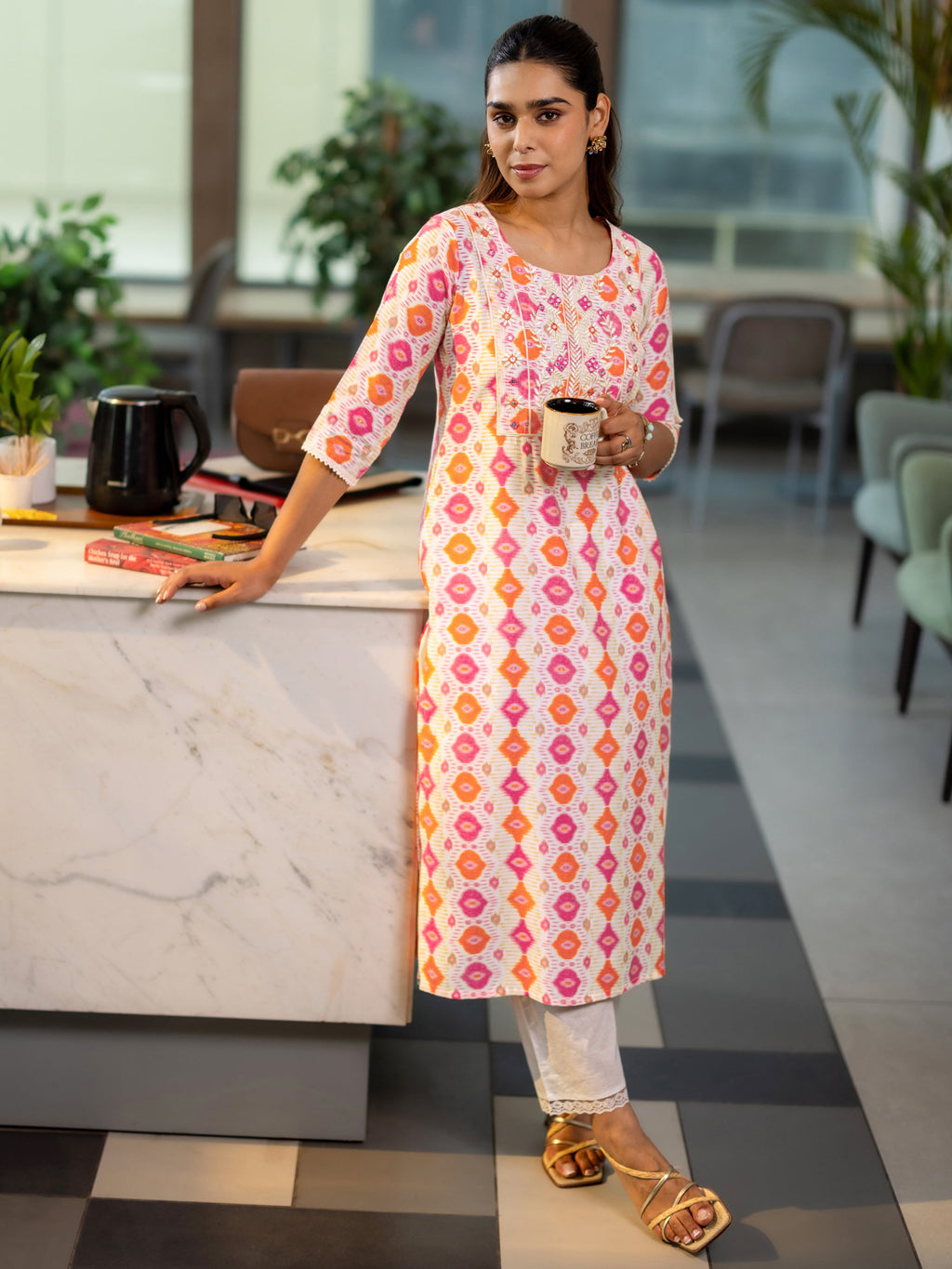 Gerua Orange Printed Silk Blend Straight Kurta