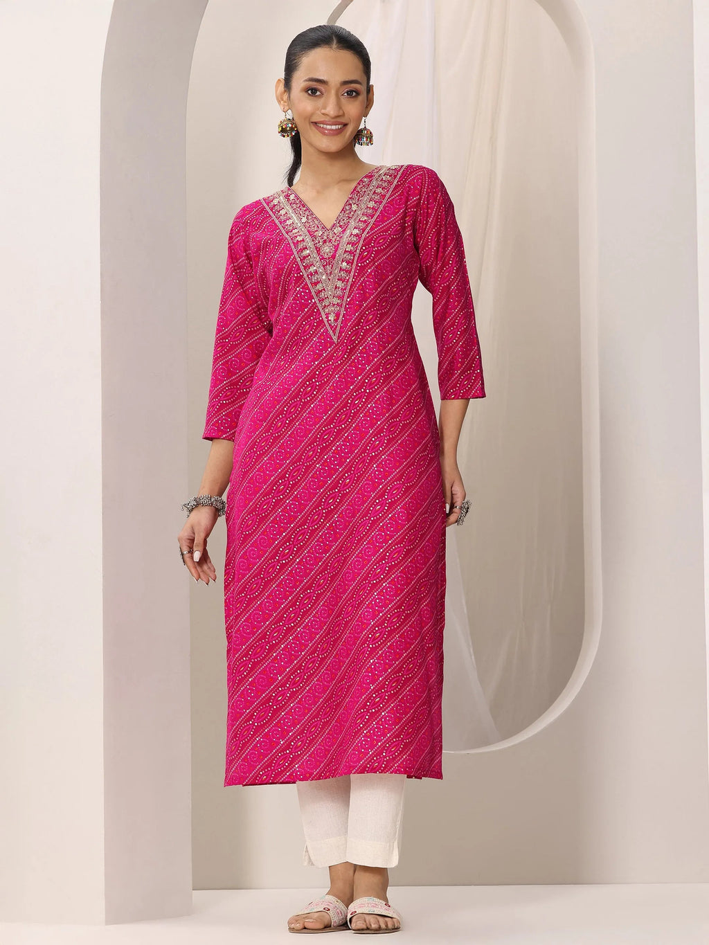 Libas Pink Printed Silk Blend Straight Kurta