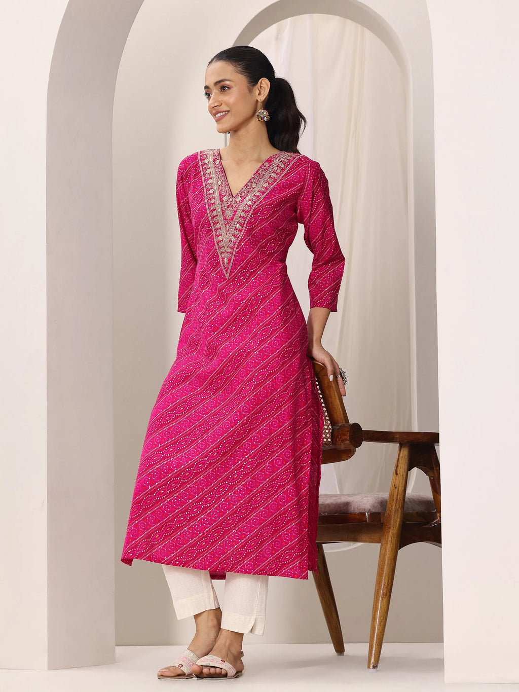 Libas Pink Printed Silk Blend Straight Kurta