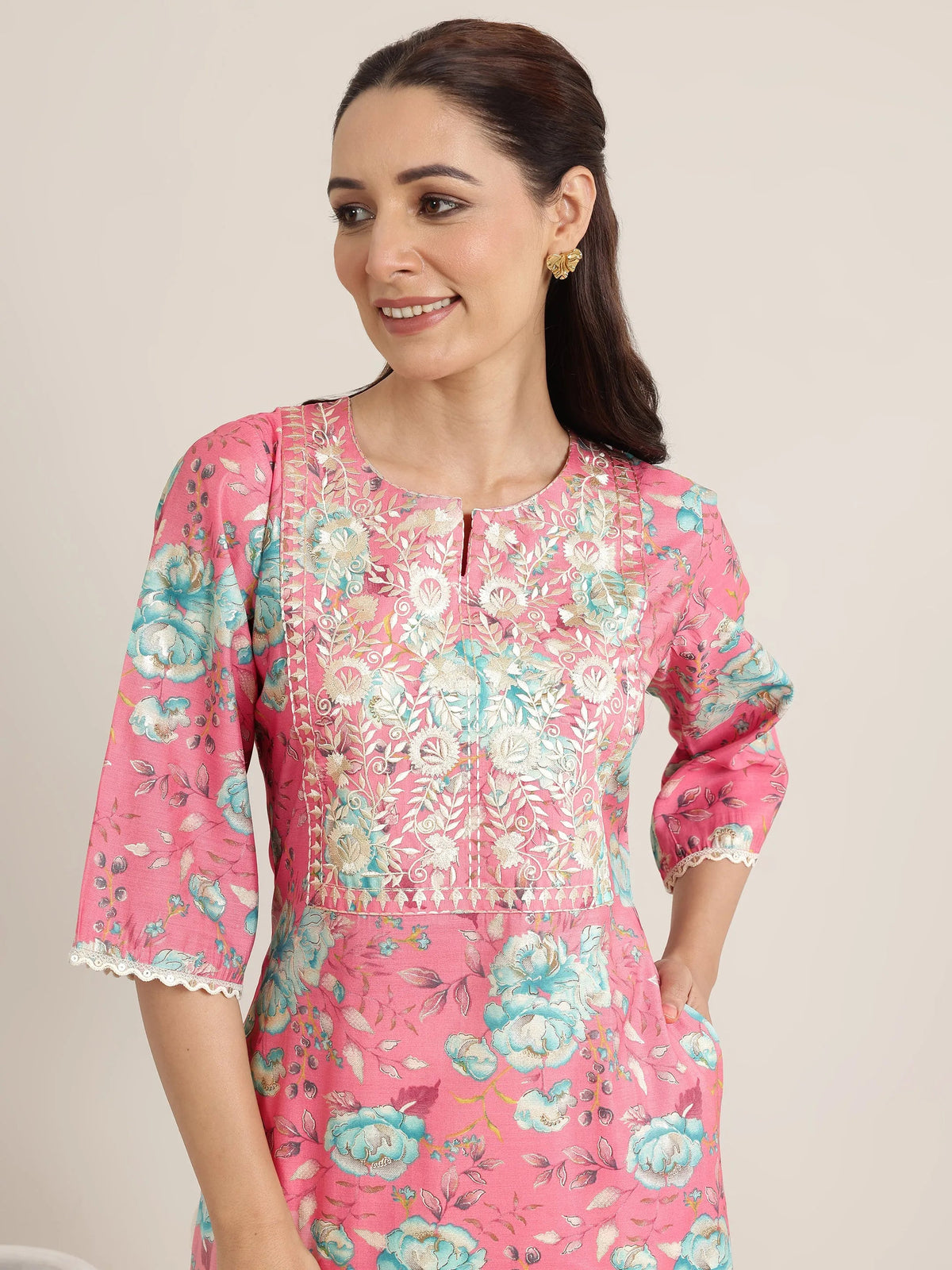 Gerua Pink Printed Silk Blend Straight Kurta