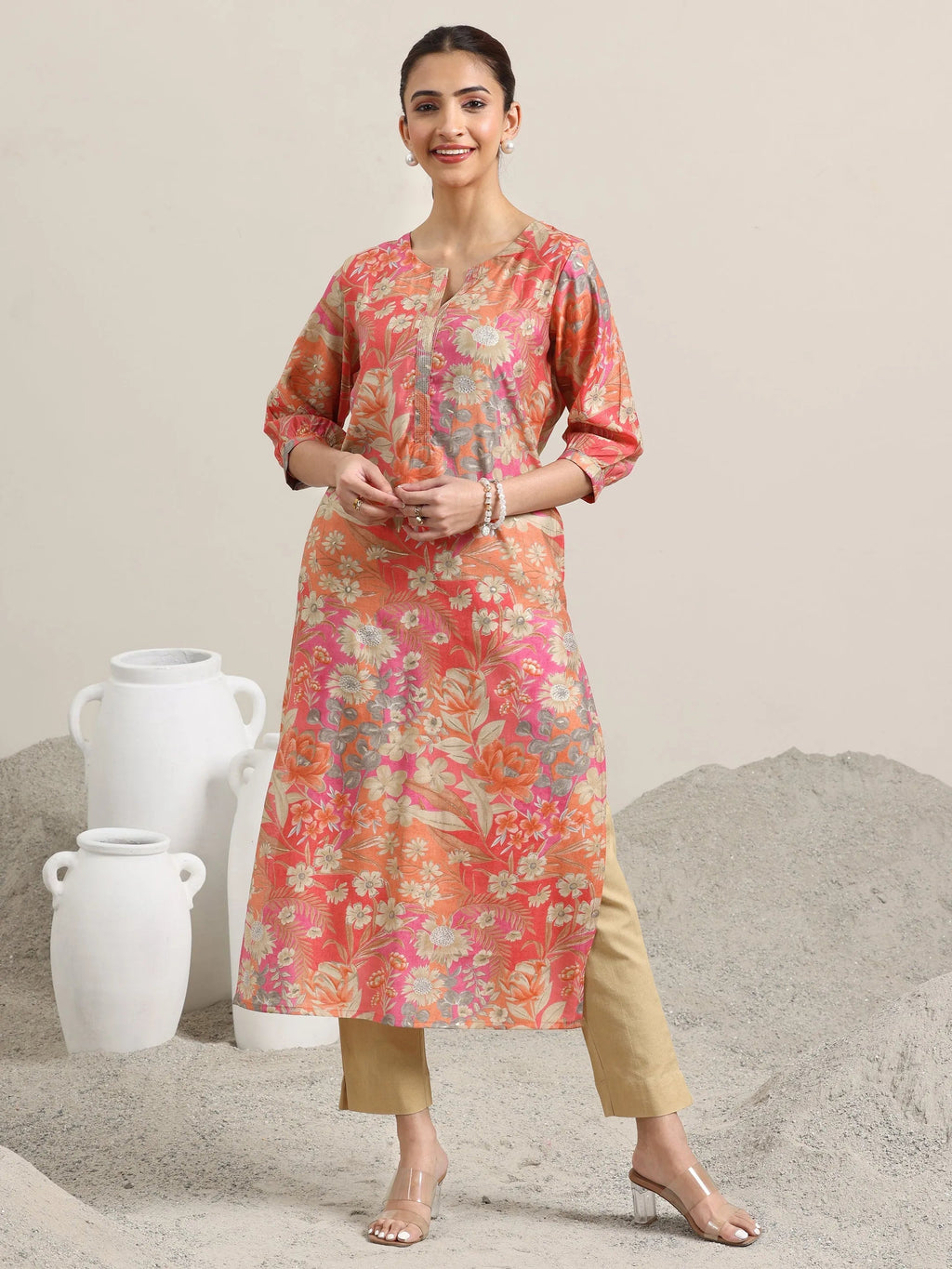 Libas Peach Printed Silk Blend Straight Kurta