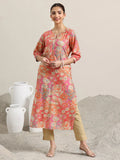 Libas Peach Printed Silk Blend Straight Kurta
