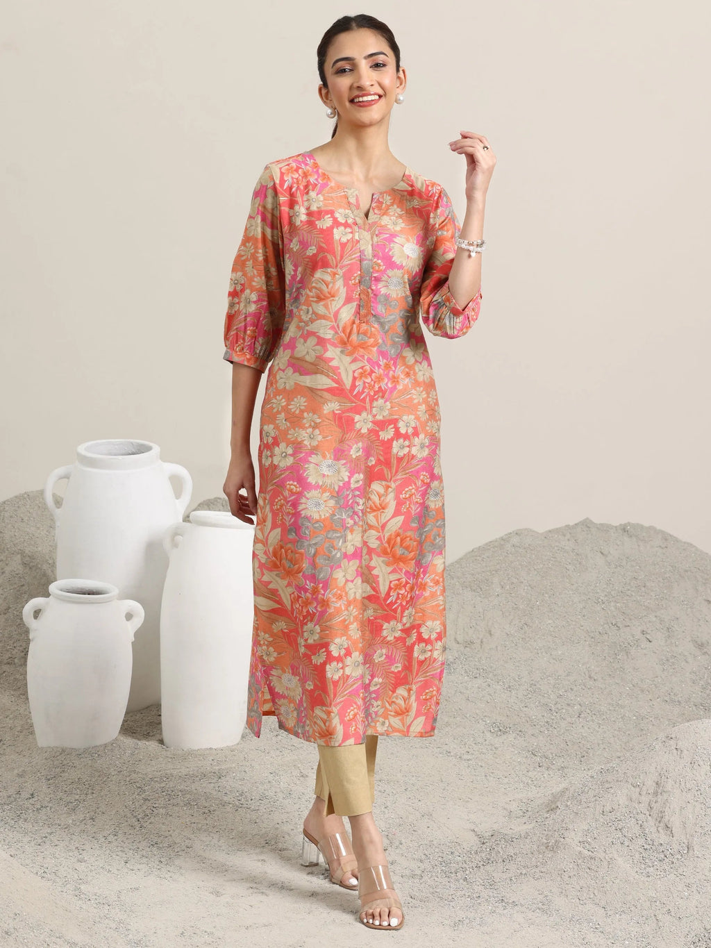 Libas Peach Printed Silk Blend Straight Kurta