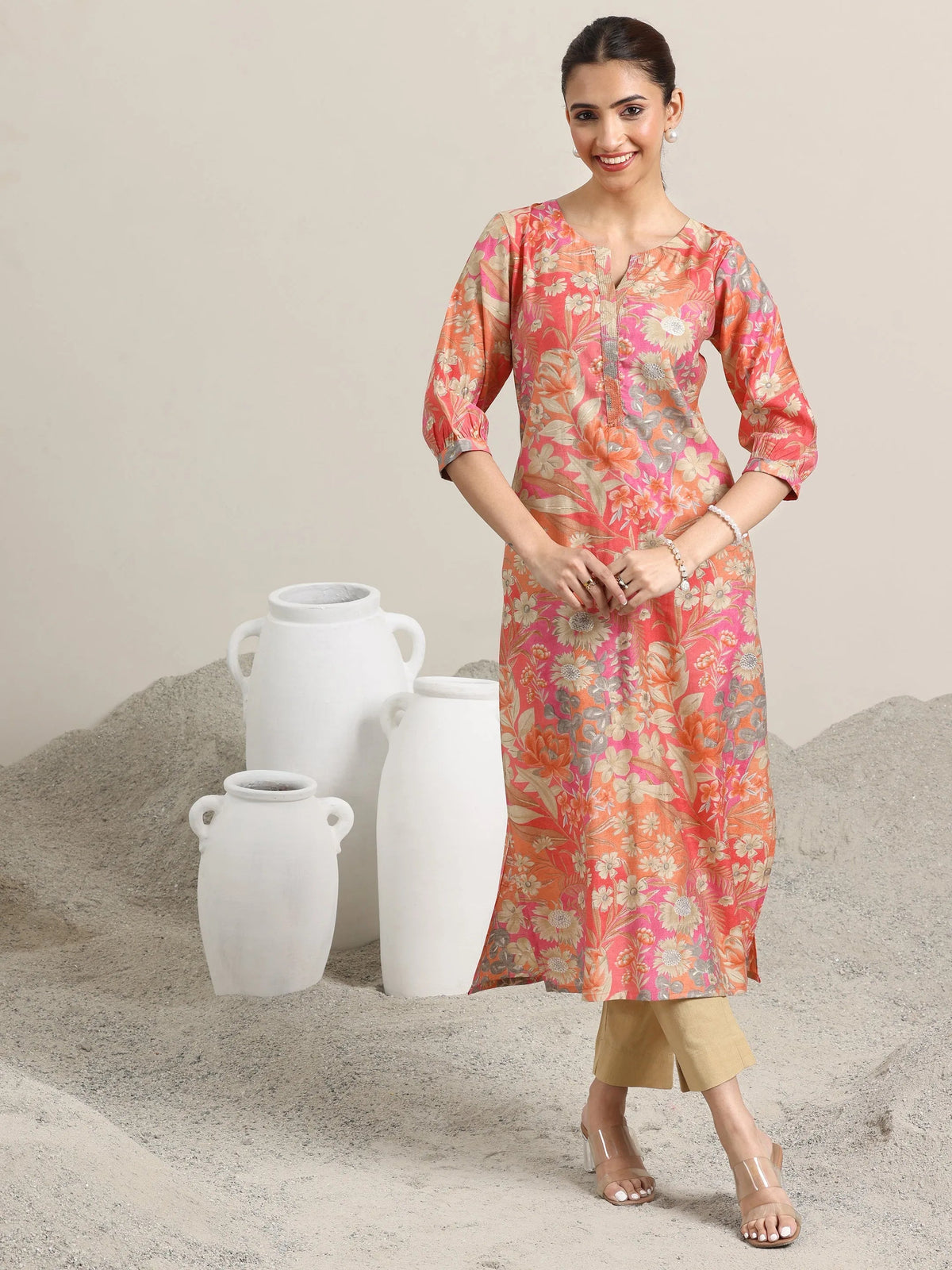 Libas Peach Printed Silk Blend Straight Kurta