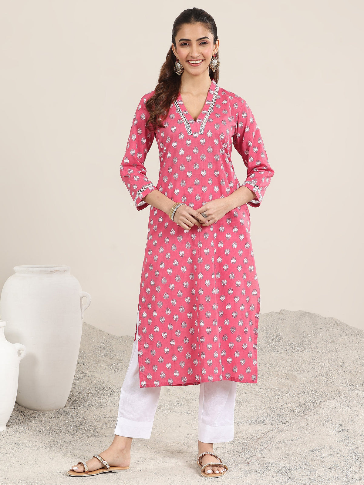 Libas Pink Printed Cotton Straight Kurta