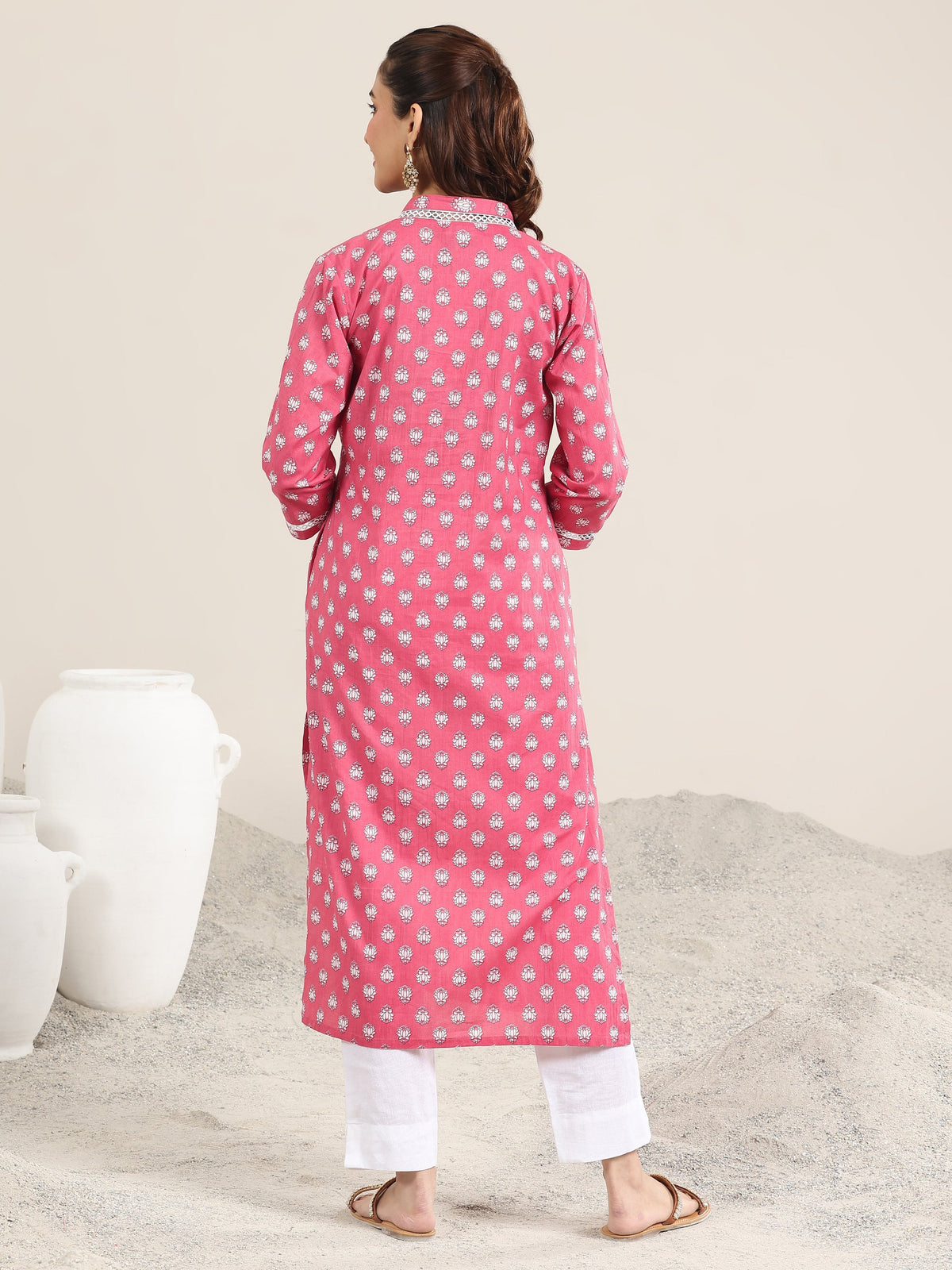 Libas Pink Printed Cotton Straight Kurta
