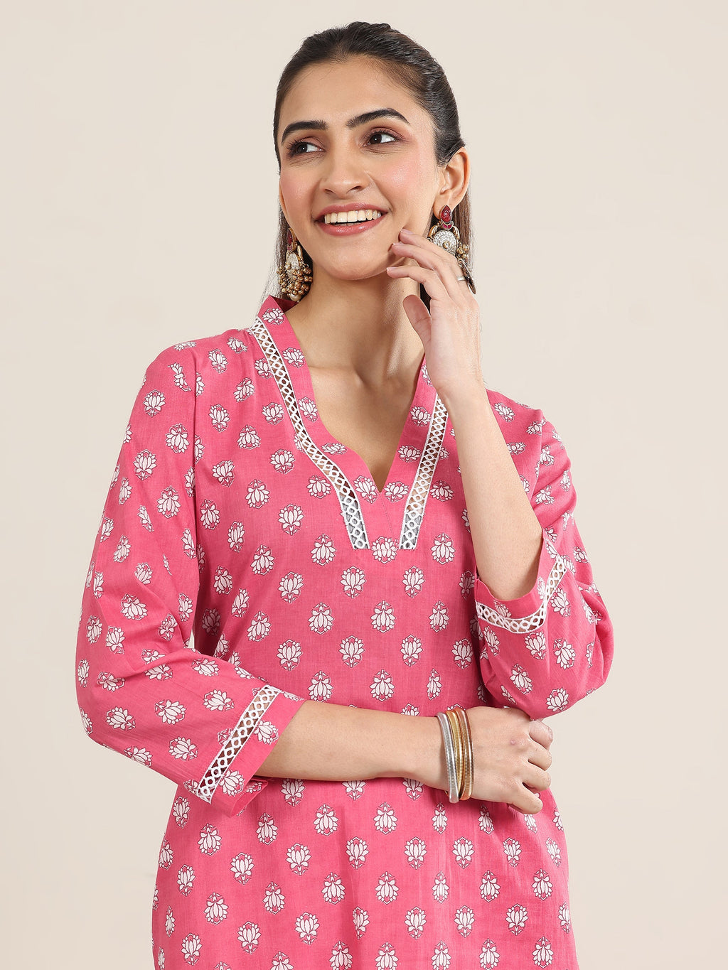 Libas Pink Printed Cotton Straight Kurta