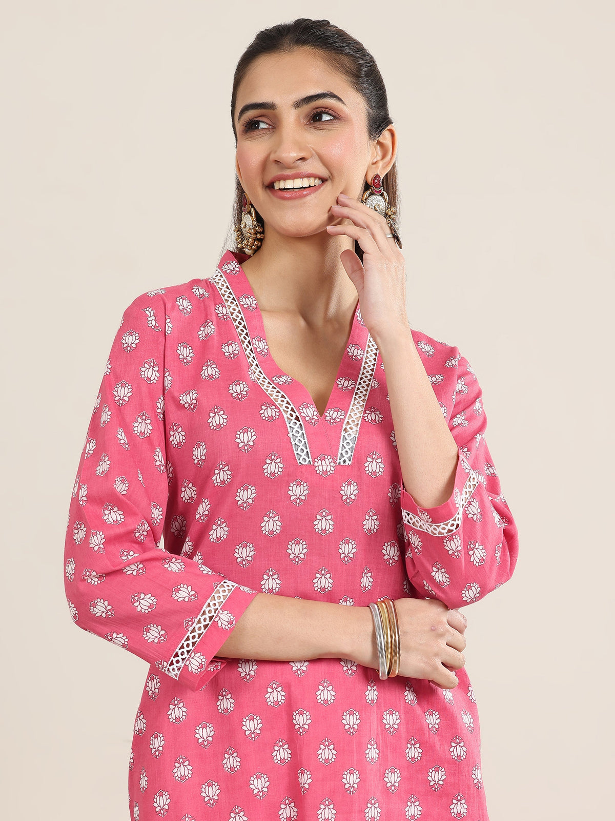 Libas Pink Printed Cotton Straight Kurta