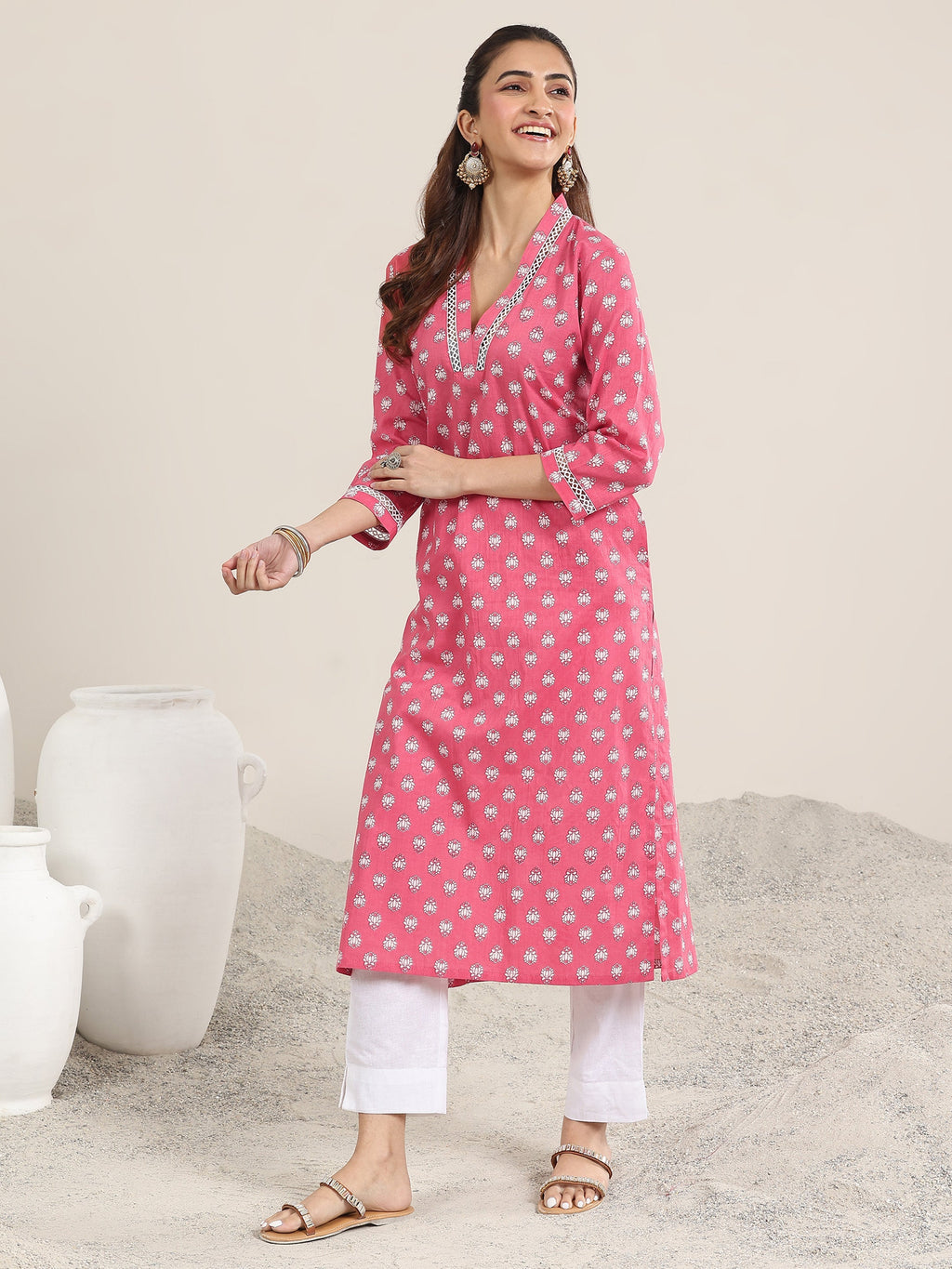 Libas Pink Printed Cotton Straight Kurta