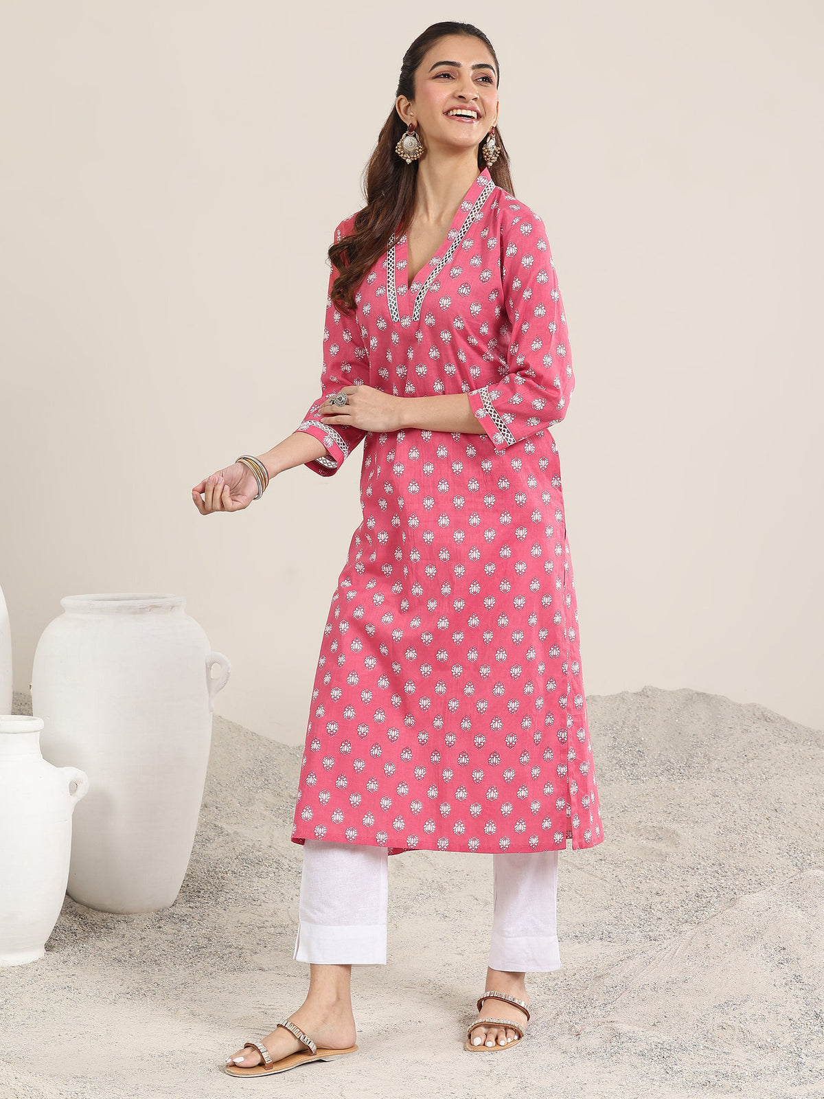 Libas Pink Printed Cotton Straight Kurta