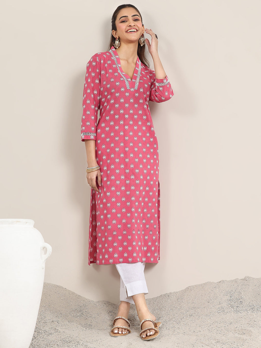 Libas Pink Printed Cotton Straight Kurta