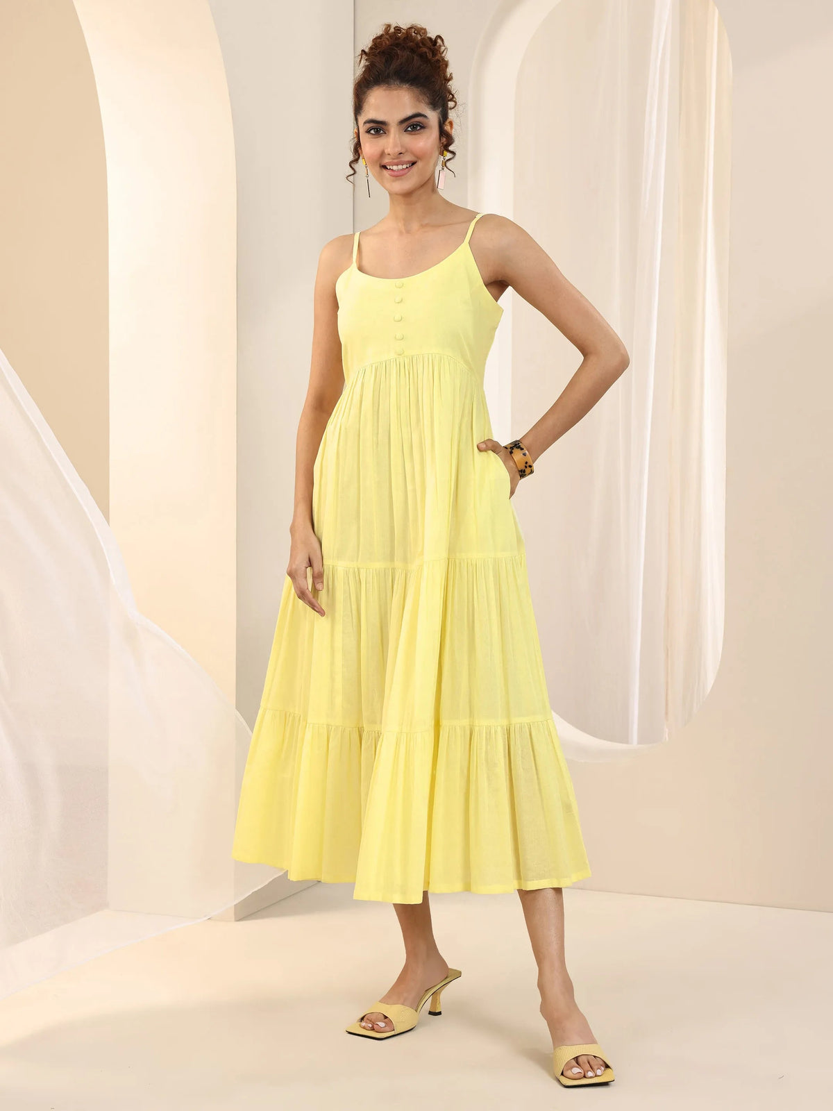 Libas Yellow Solid Cotton Tiered Fit and Flare One Piece Dress