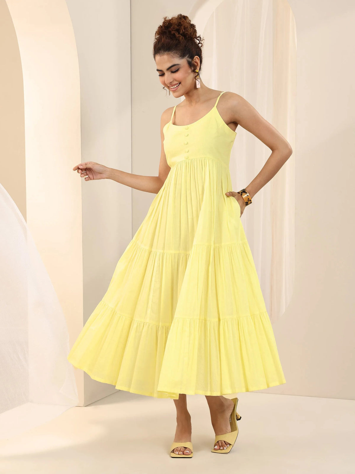 Libas Yellow Solid Cotton Tiered Fit and Flare One Piece Dress