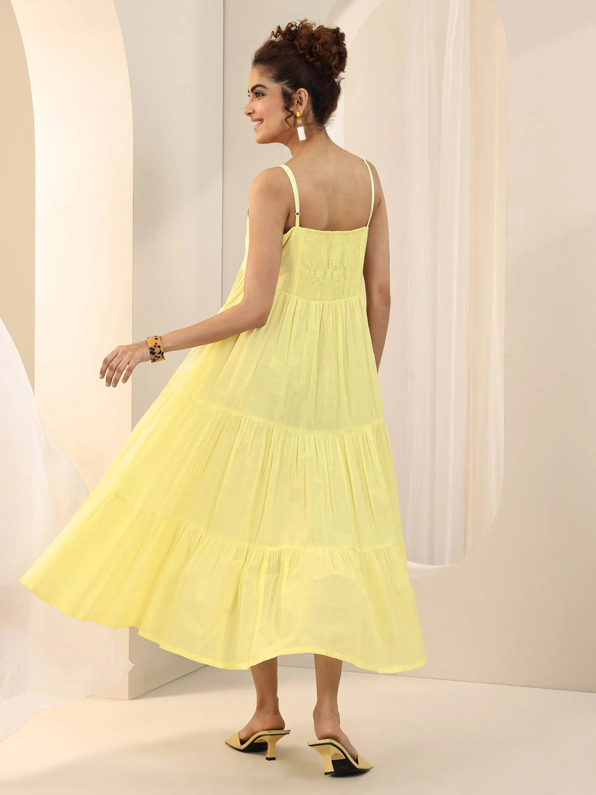 Libas Yellow Solid Cotton Fit and Flare One Piece Dress