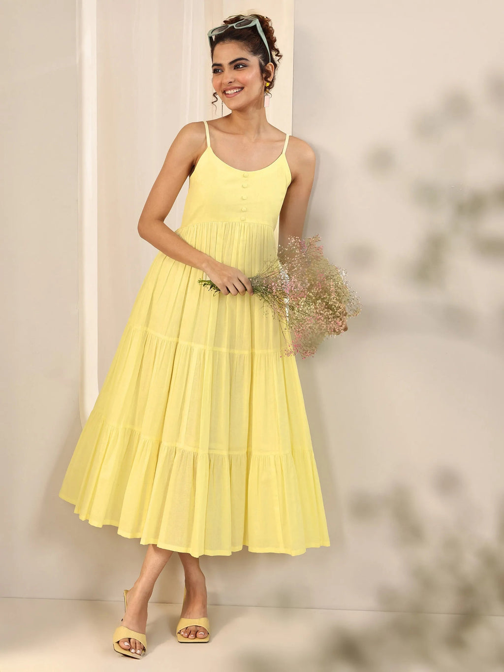 Libas Yellow Solid Cotton Tiered Fit and Flare One Piece Dress