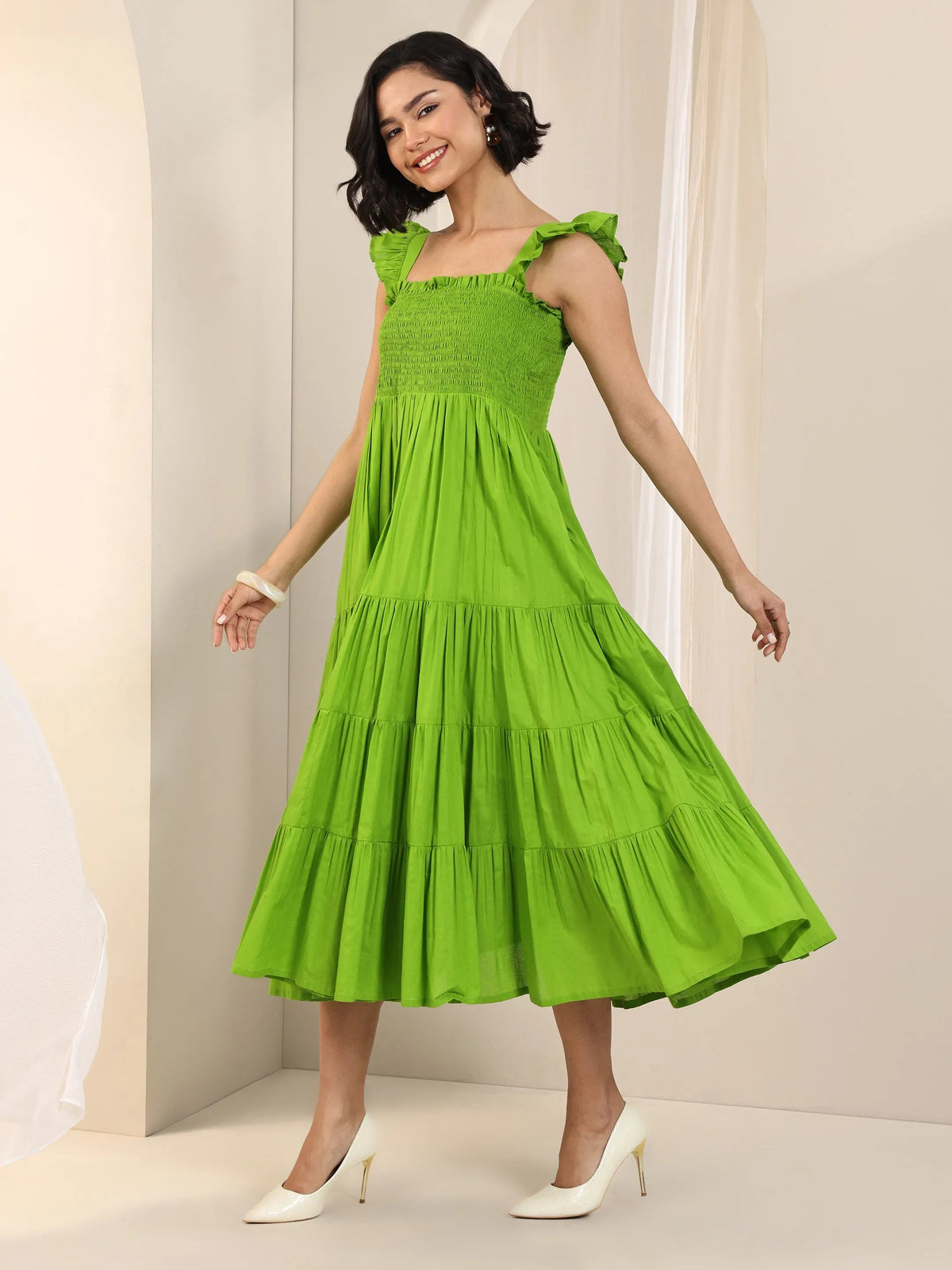 Libas Green Solid Cotton Fit and Flare One Piece Dress