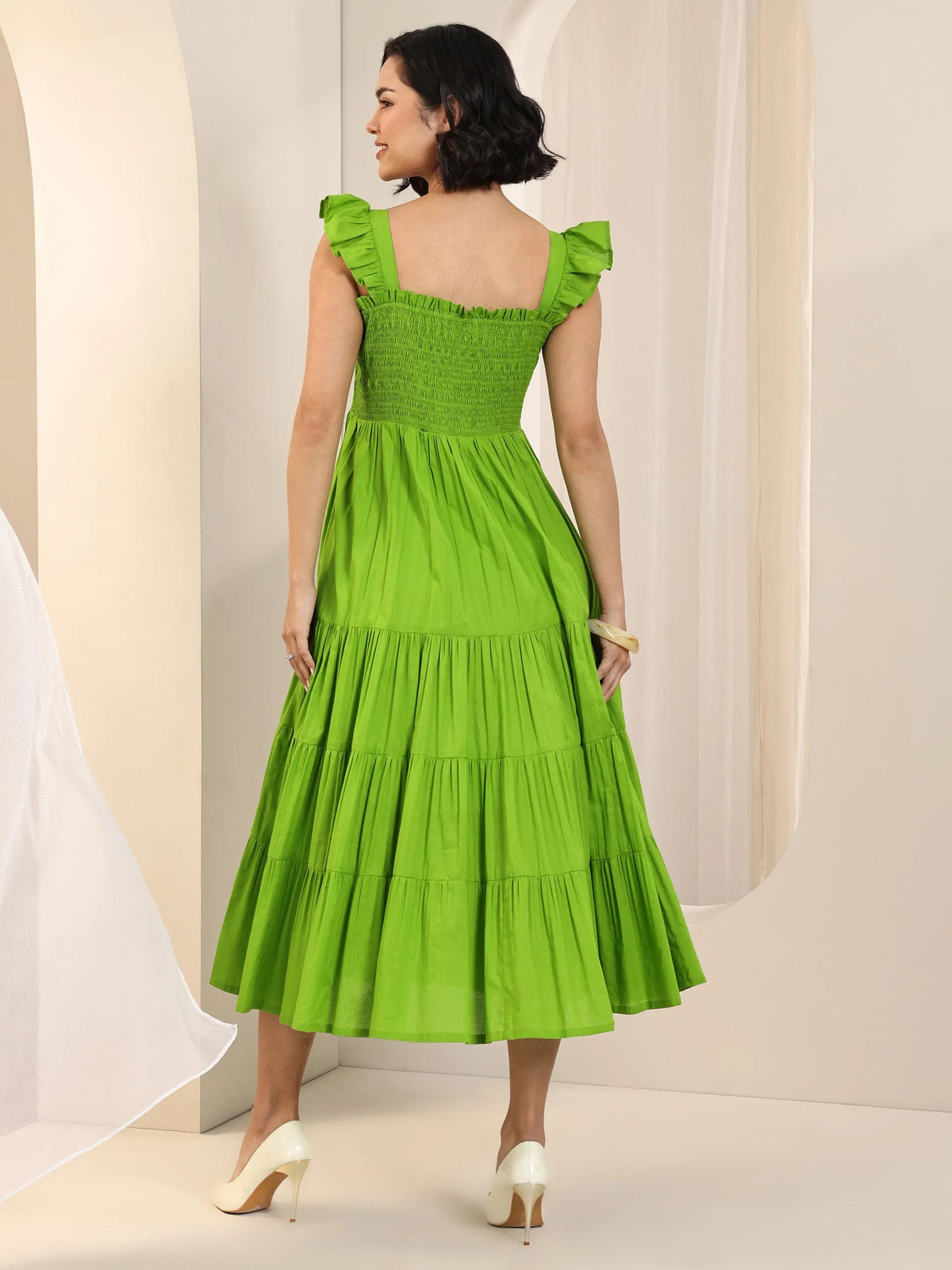 Libas Green Solid Cotton Fit and Flare One Piece Dress