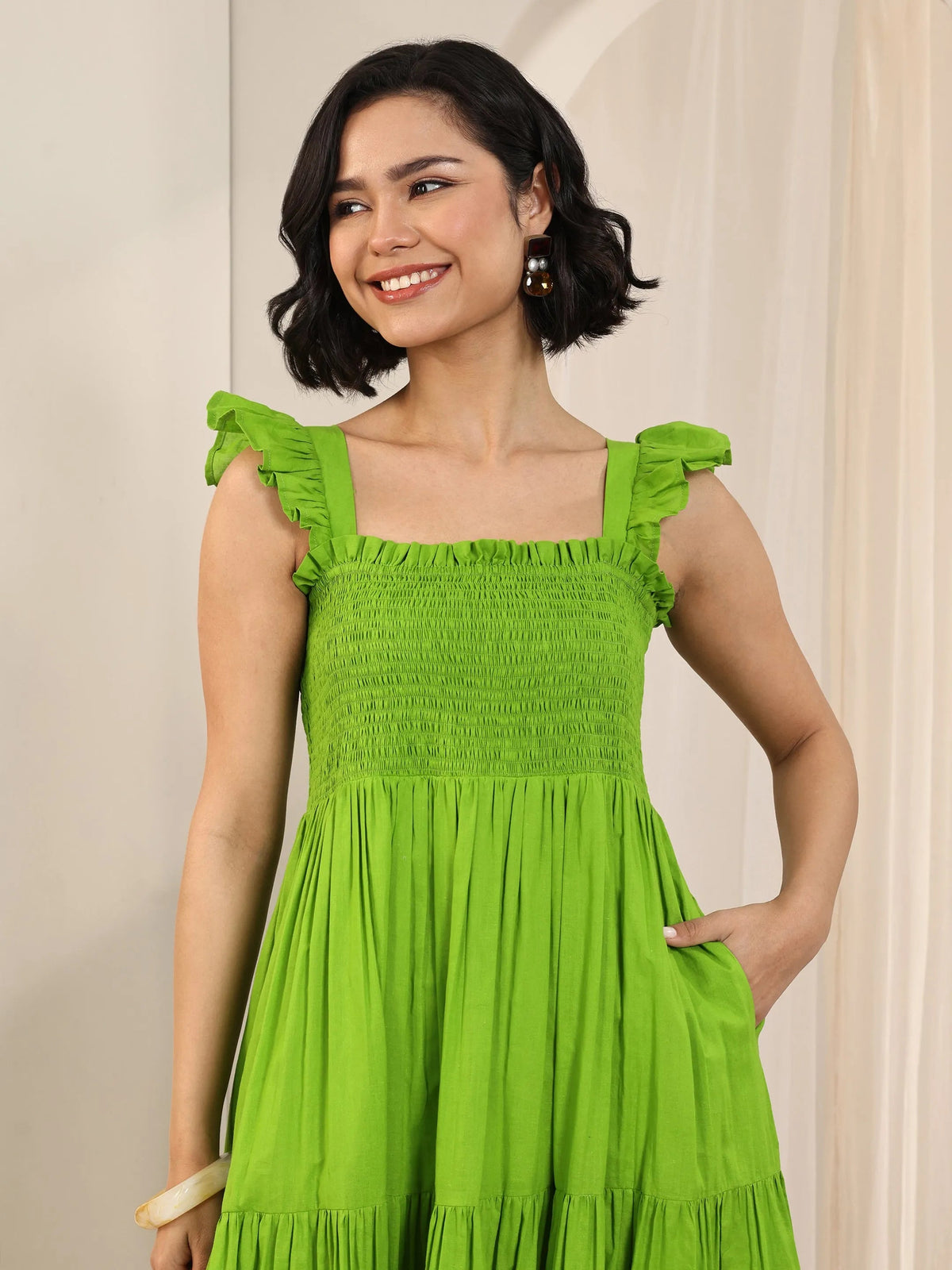 Libas Green Solid Cotton Fit and Flare One Piece Dress