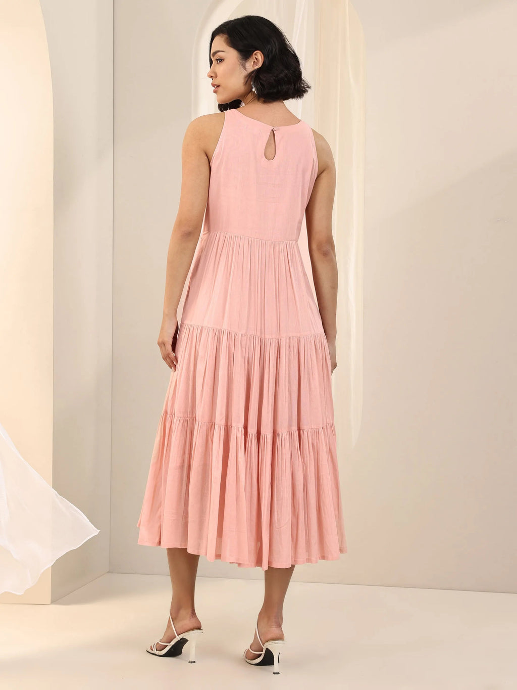 Libas Peach Solid Cotton Fit and Flare One Piece Dress
